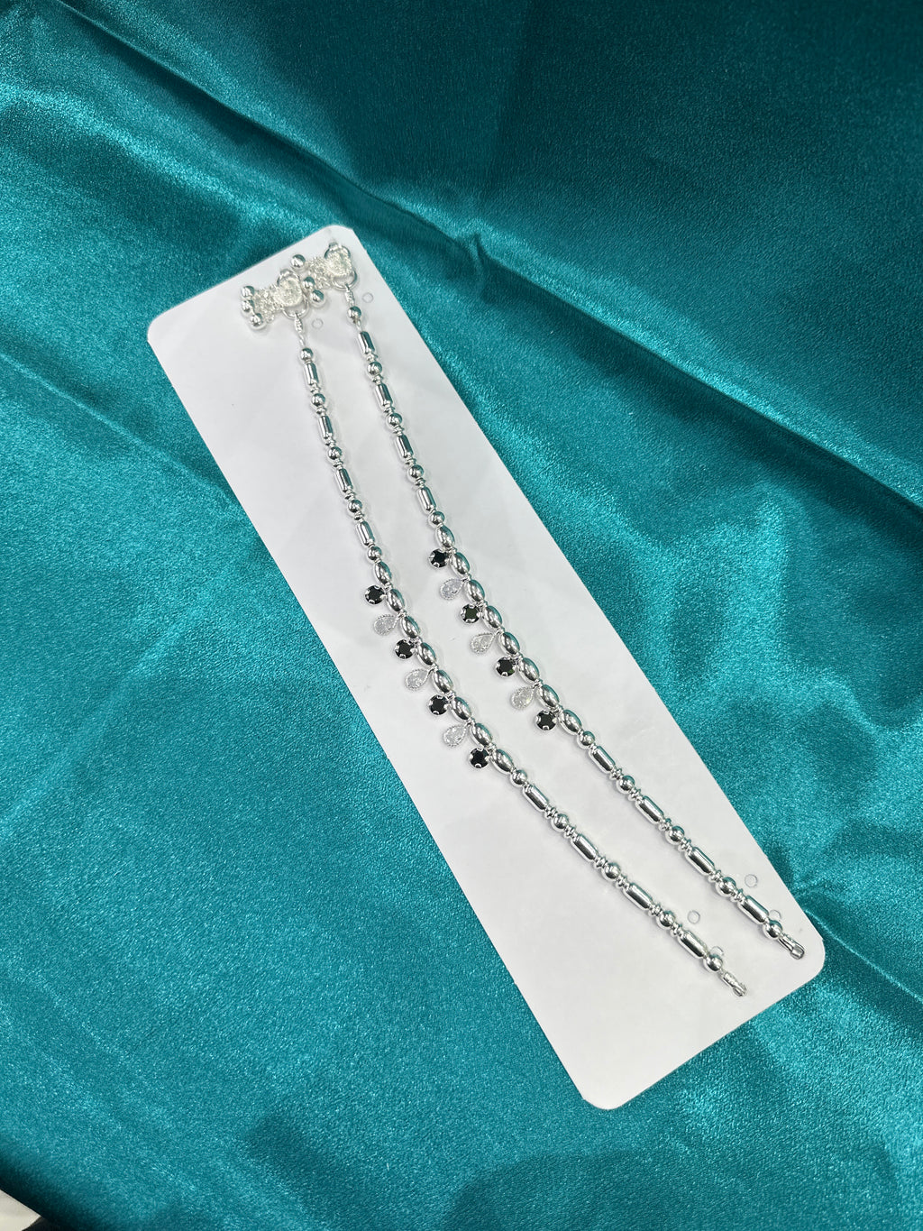 Fancy Silver Anklets With Beads & Hanging White & Black Cz Diamonds