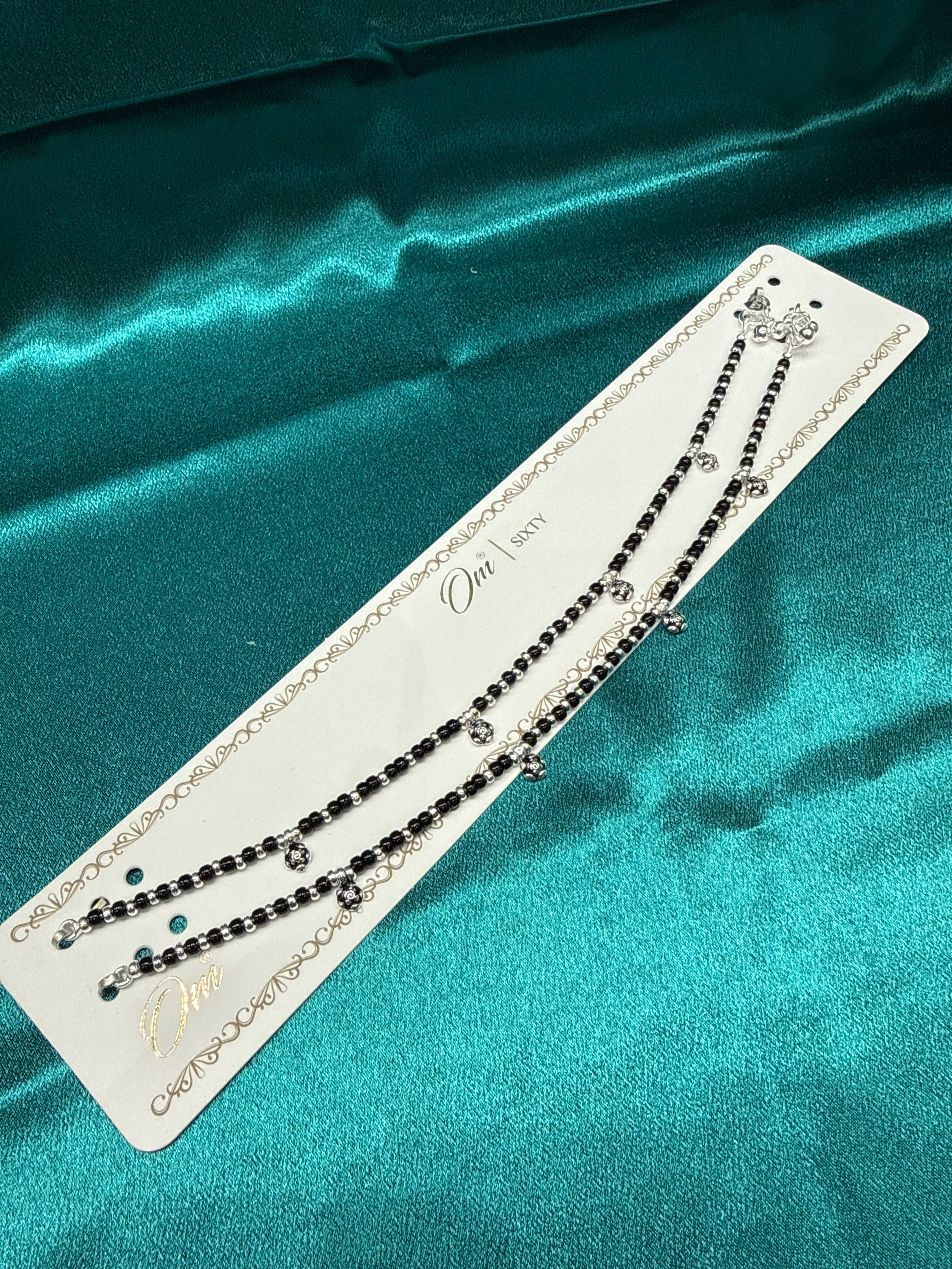 Women’s Fancy/Traditional Silver Black Beads Anklet