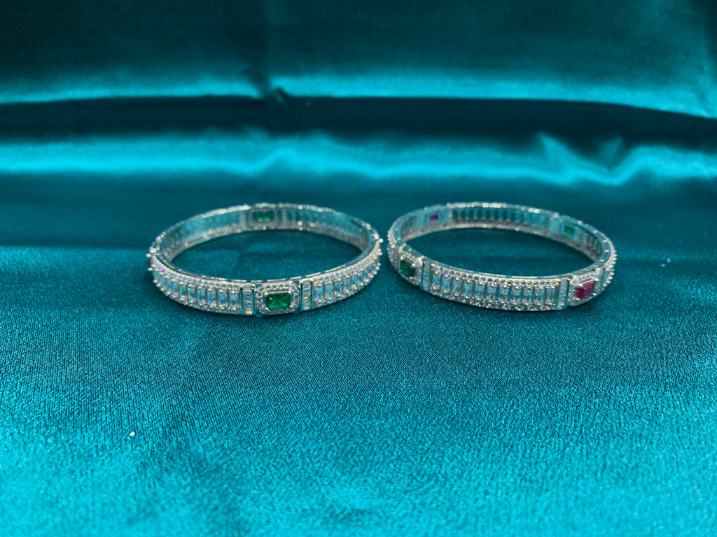 Elegant CZ diamond silver bangles with pink and green sqare cut stones