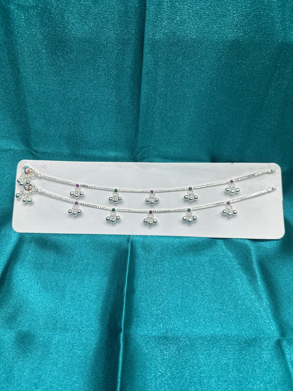 Fancy Silver Anklets With Hanging Bells & Green and pink Colour