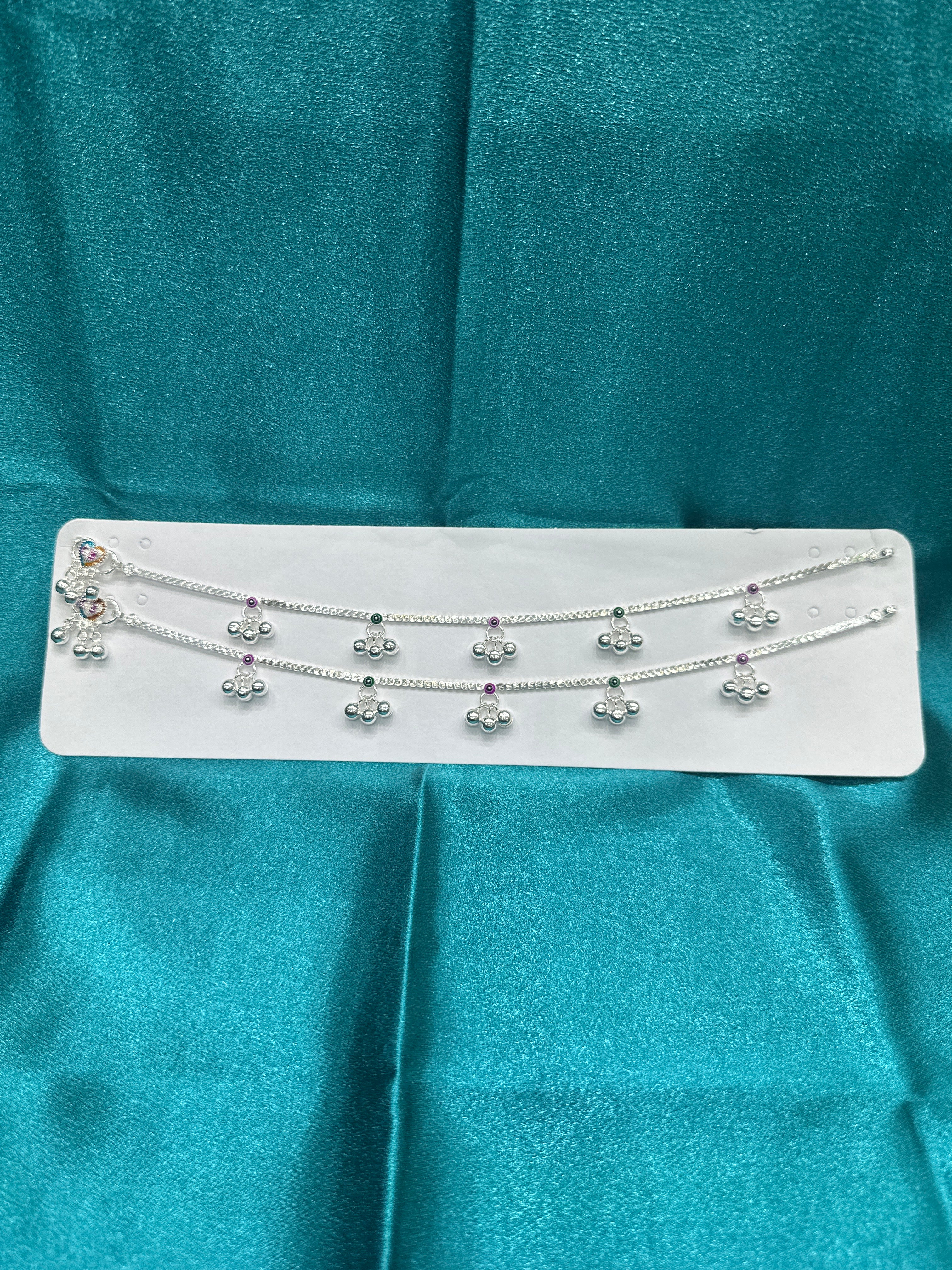 Fancy Silver Anklets With Hanging Bells & Green and pink Colour