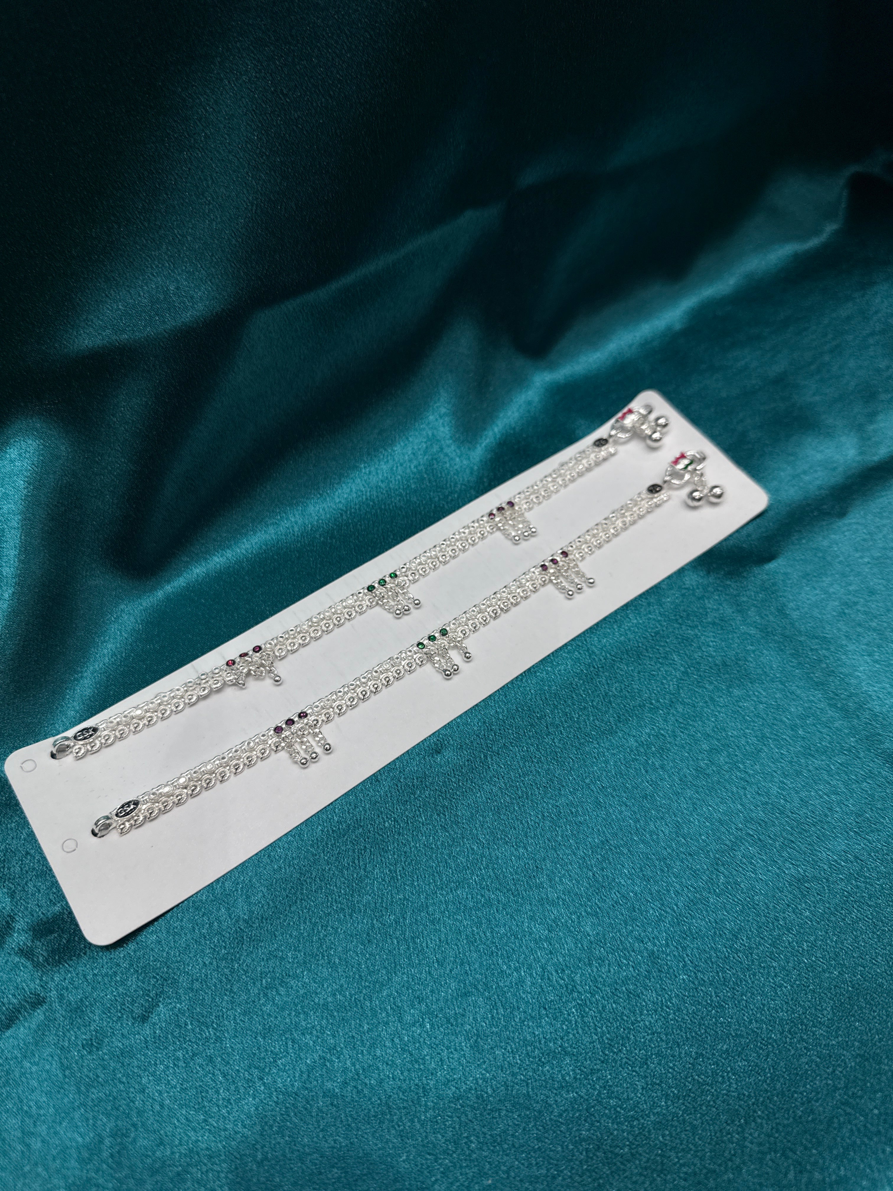 Kids silver anklet with hanging bells and pink and green stones (Size: 10-12 year old)