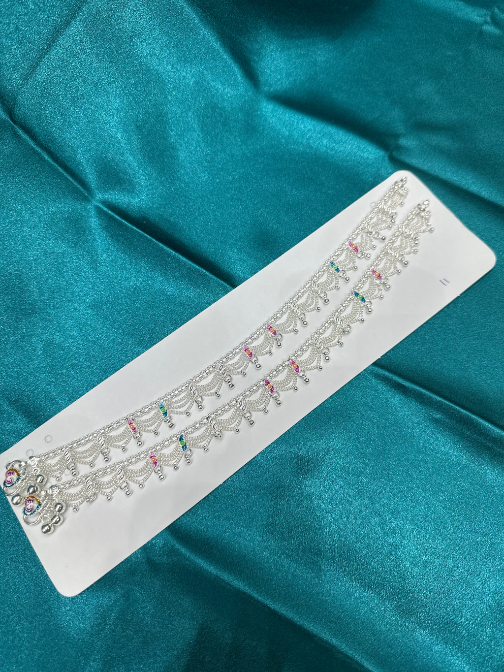 Silver Anklets With Hanging Chains & Blue & Pink Enamel colouring