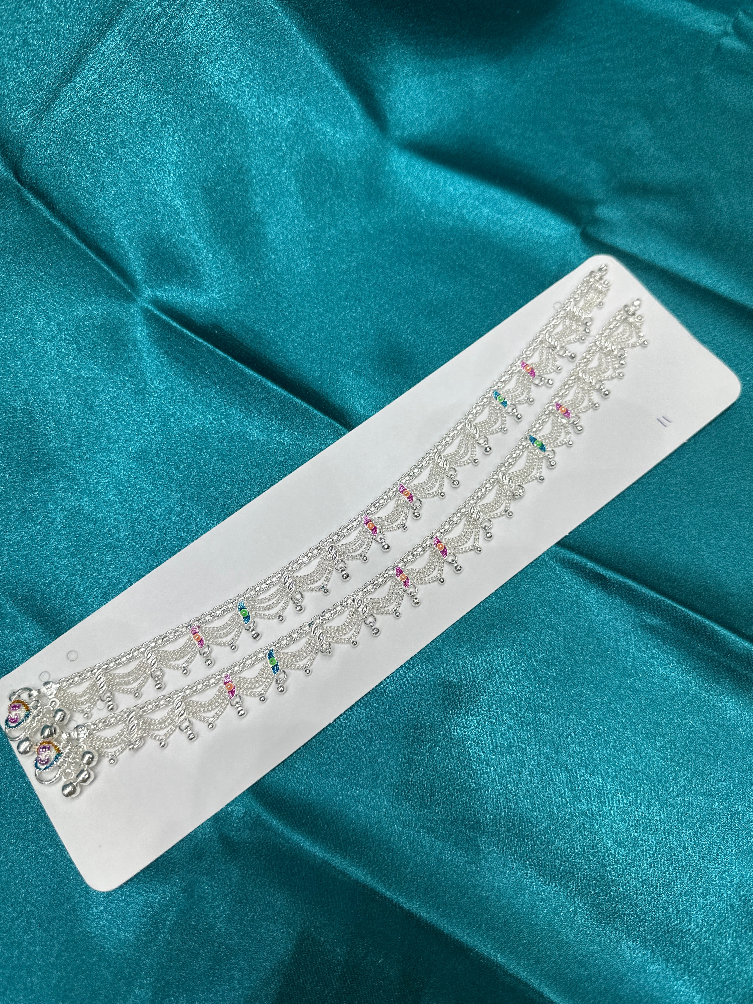 Silver Anklets With Hanging Chains & Blue & Pink Enamel colouring