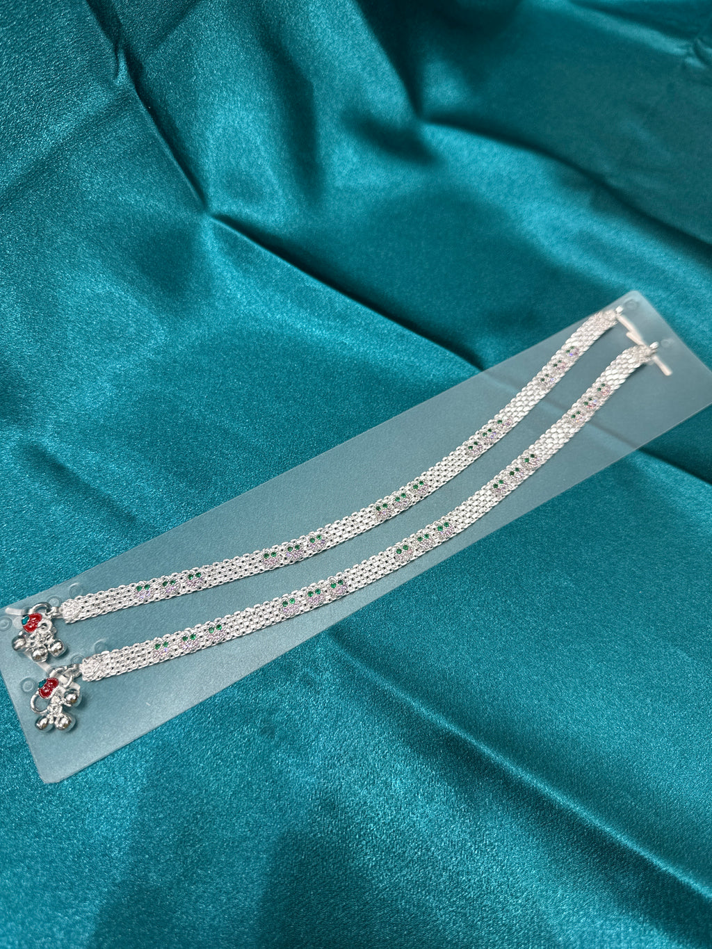 Fancy Silver Anklets With Pink & Green CZ Diamonds