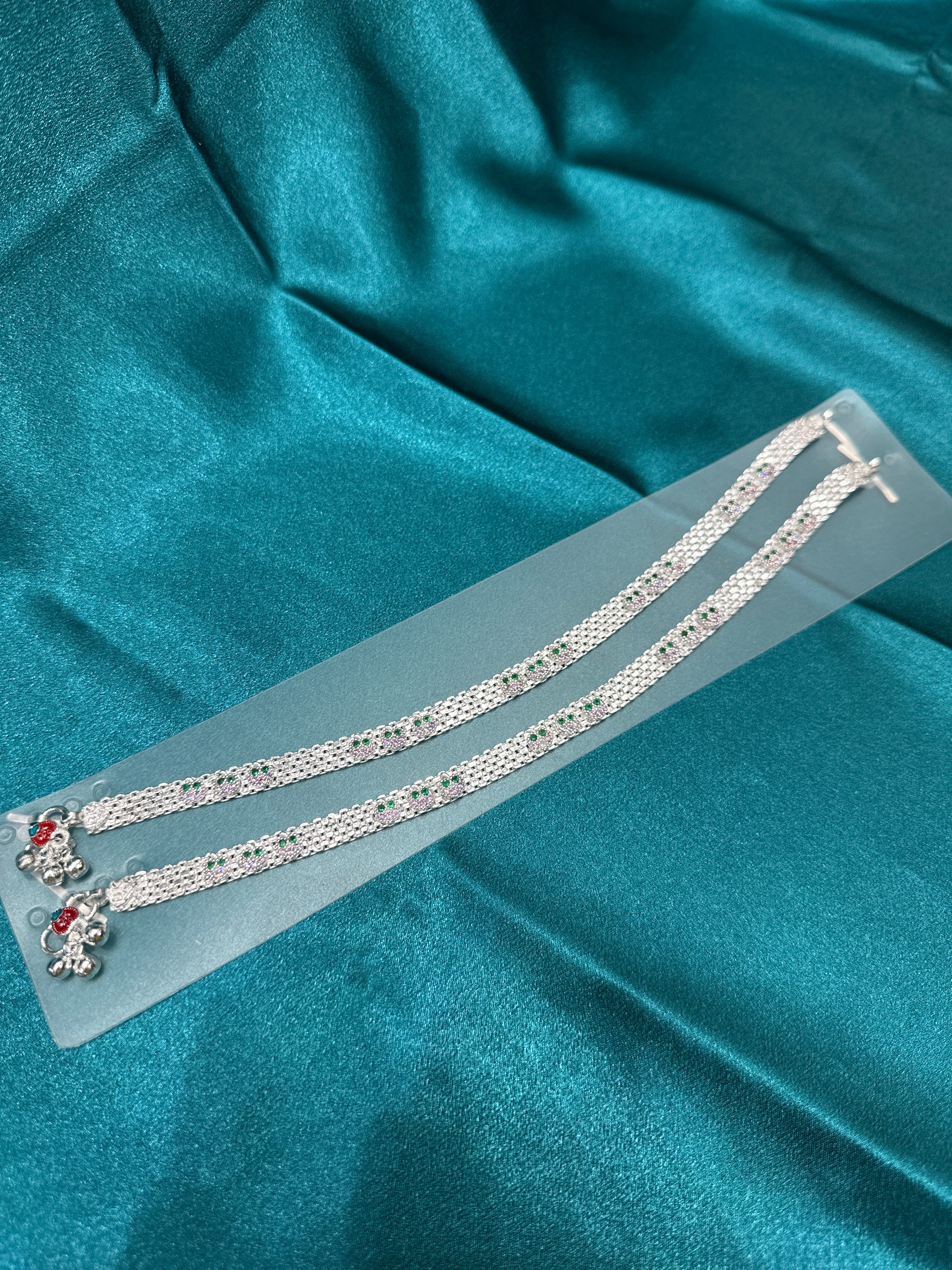 Fancy Silver Anklets With Pink & Green CZ Diamonds