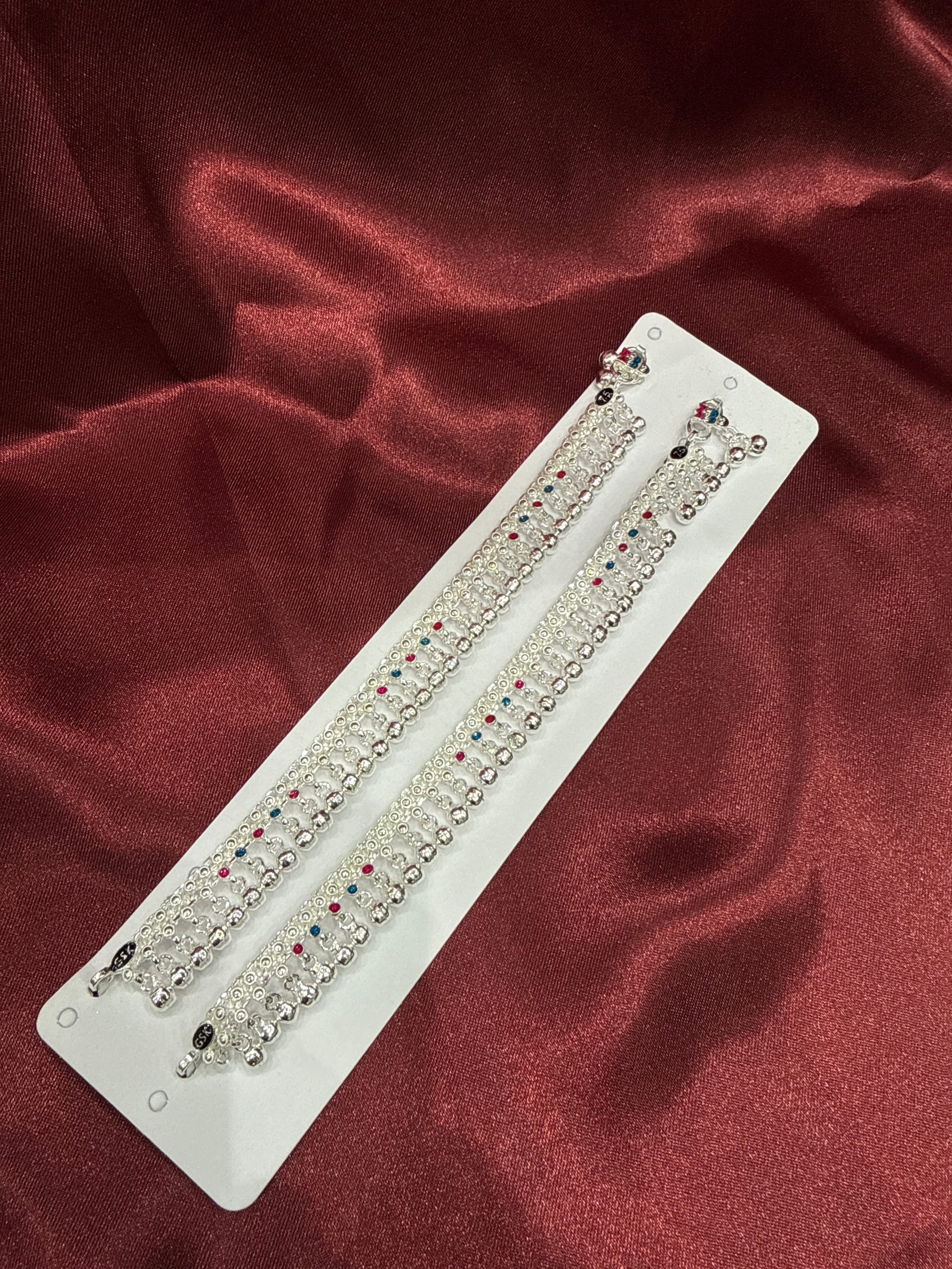 Kids fancy silver anklet with pink and blue Meena and hanging bells (Size: 10-12 year old)
