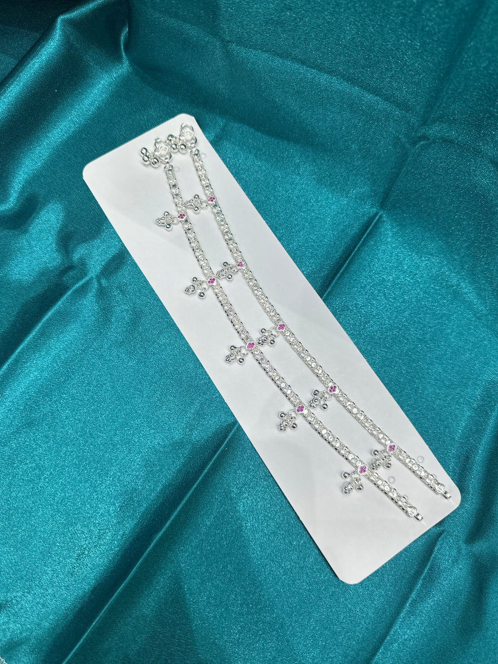 Fancy Silver Anklets With Hanging Bells and ruby coloured stones