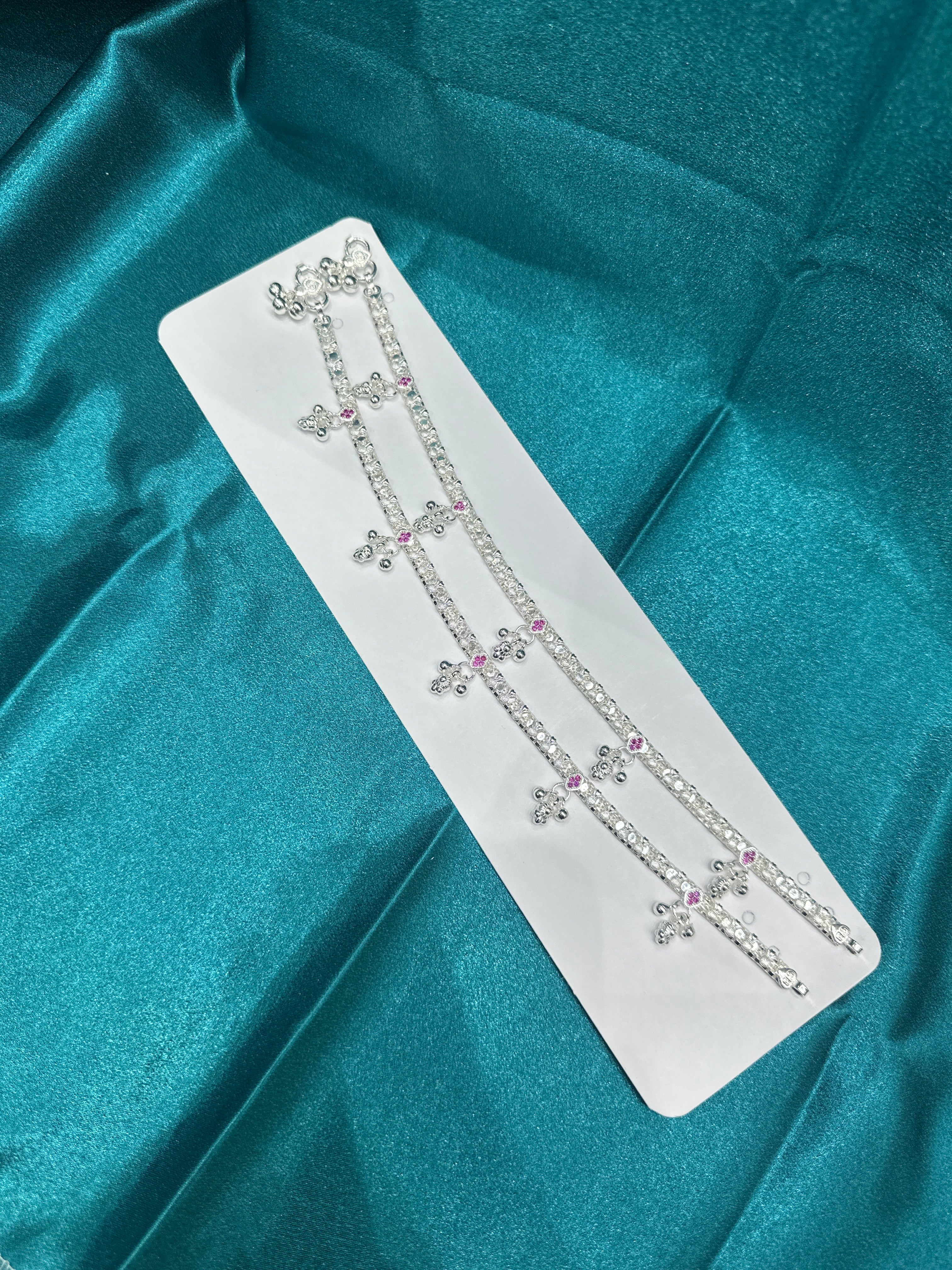 Fancy Silver Anklets With Hanging Bells and ruby coloured stones
