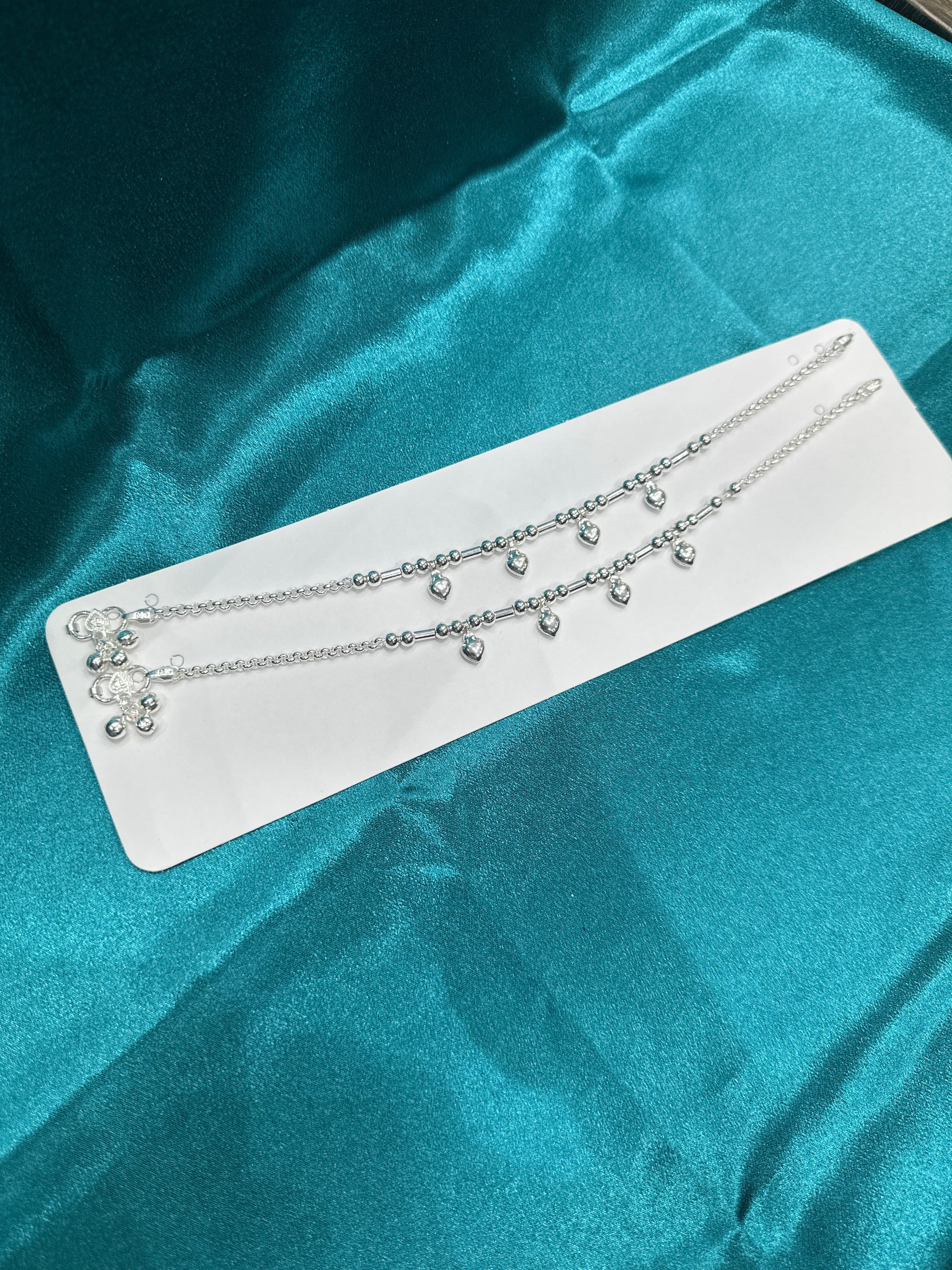 Fancy Silver Anklets With Beads & Hanging Hearts