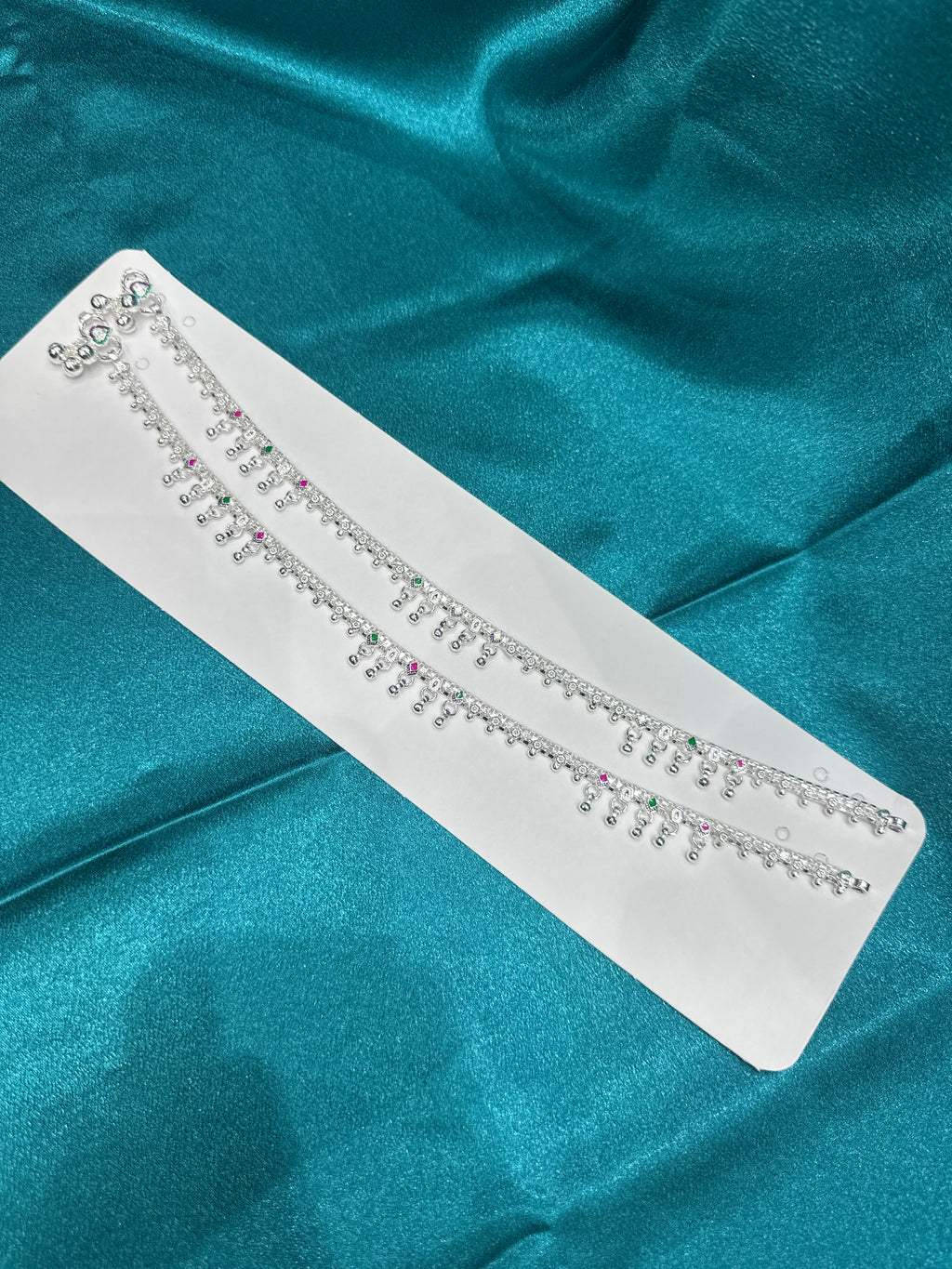 Fancy Silver Anklets With Tiny Bells & Green & Pink Stones