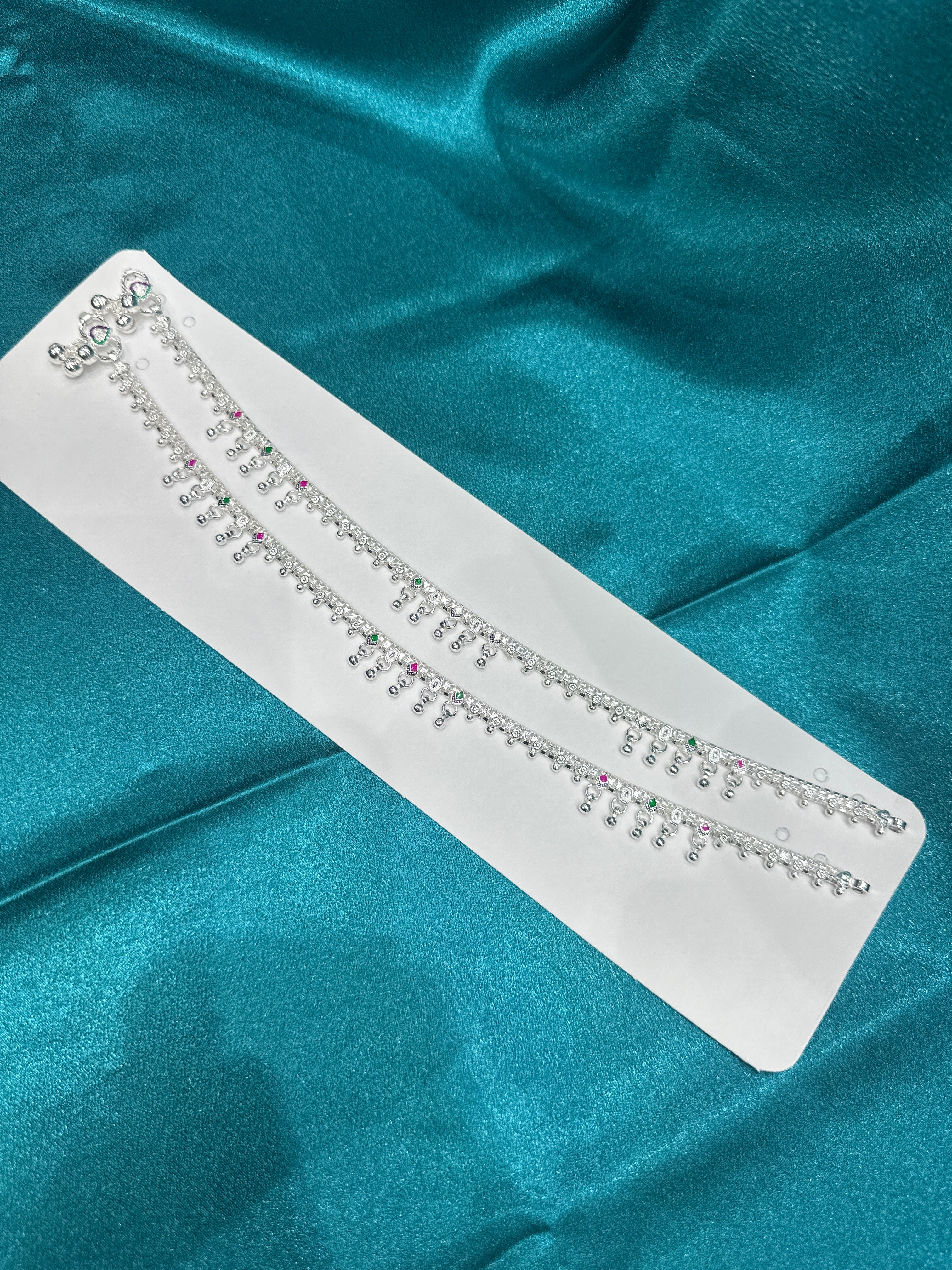 Fancy Silver Anklets With Tiny Bells & Green & Pink Stones