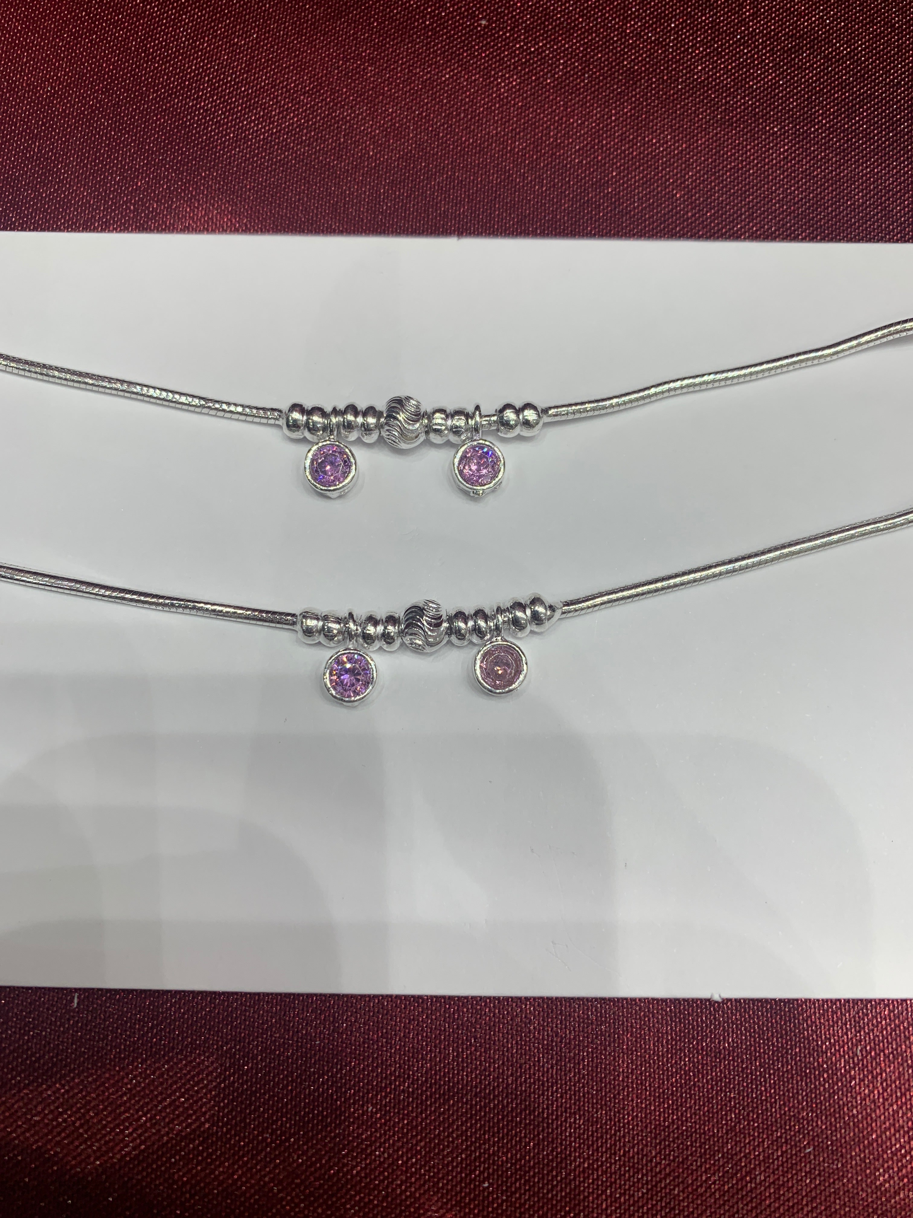 Fancy baby silver anklets with pink CZ diamonds hanging beads (Size: 1-2 year old)
