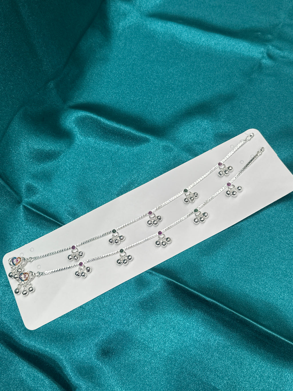 Fancy Silver Anklets With Hanging Bells & Green and pink Colour
