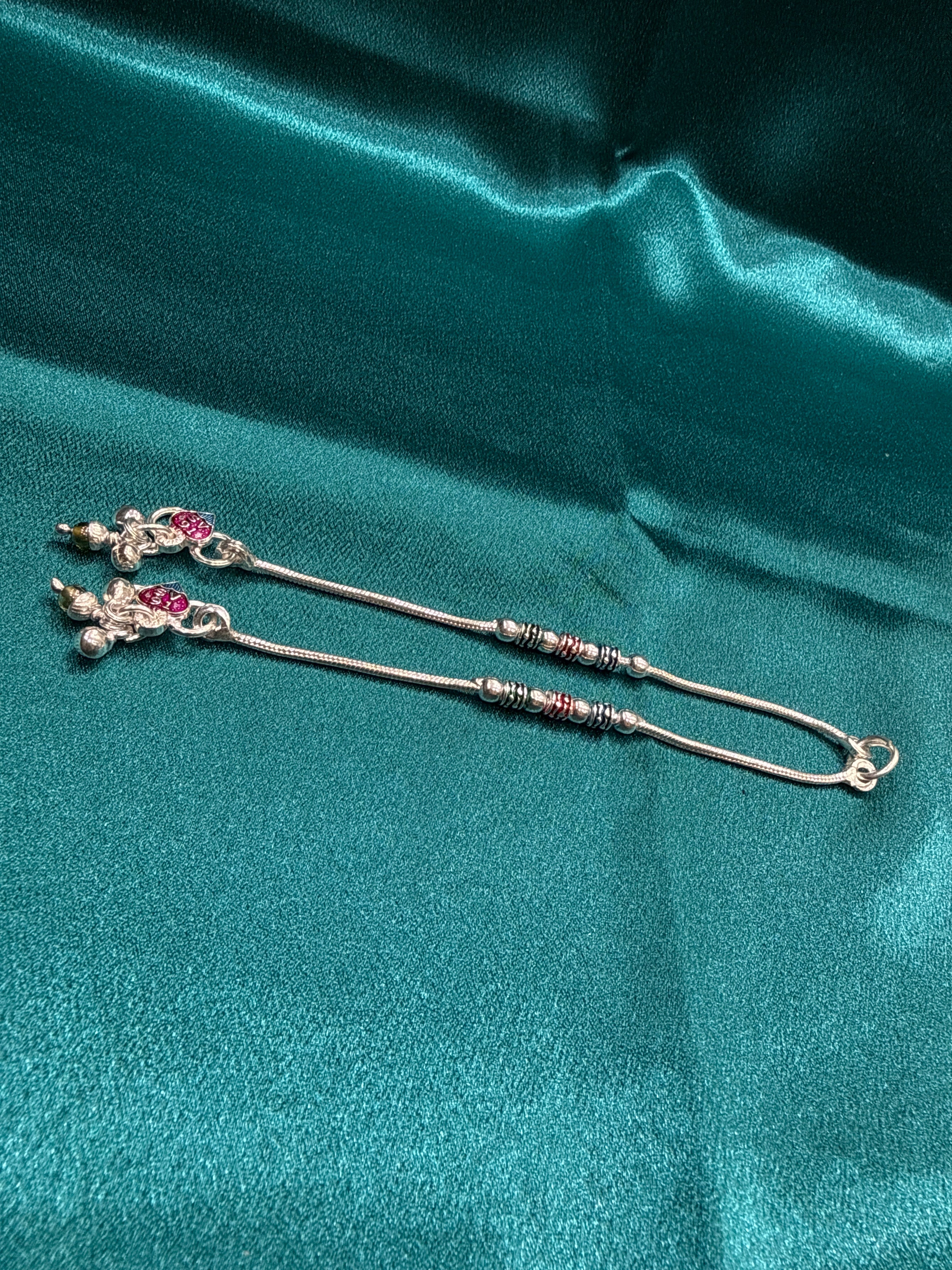 Kids fancy silver anklet with green, blue and red colour (1-2 year old)