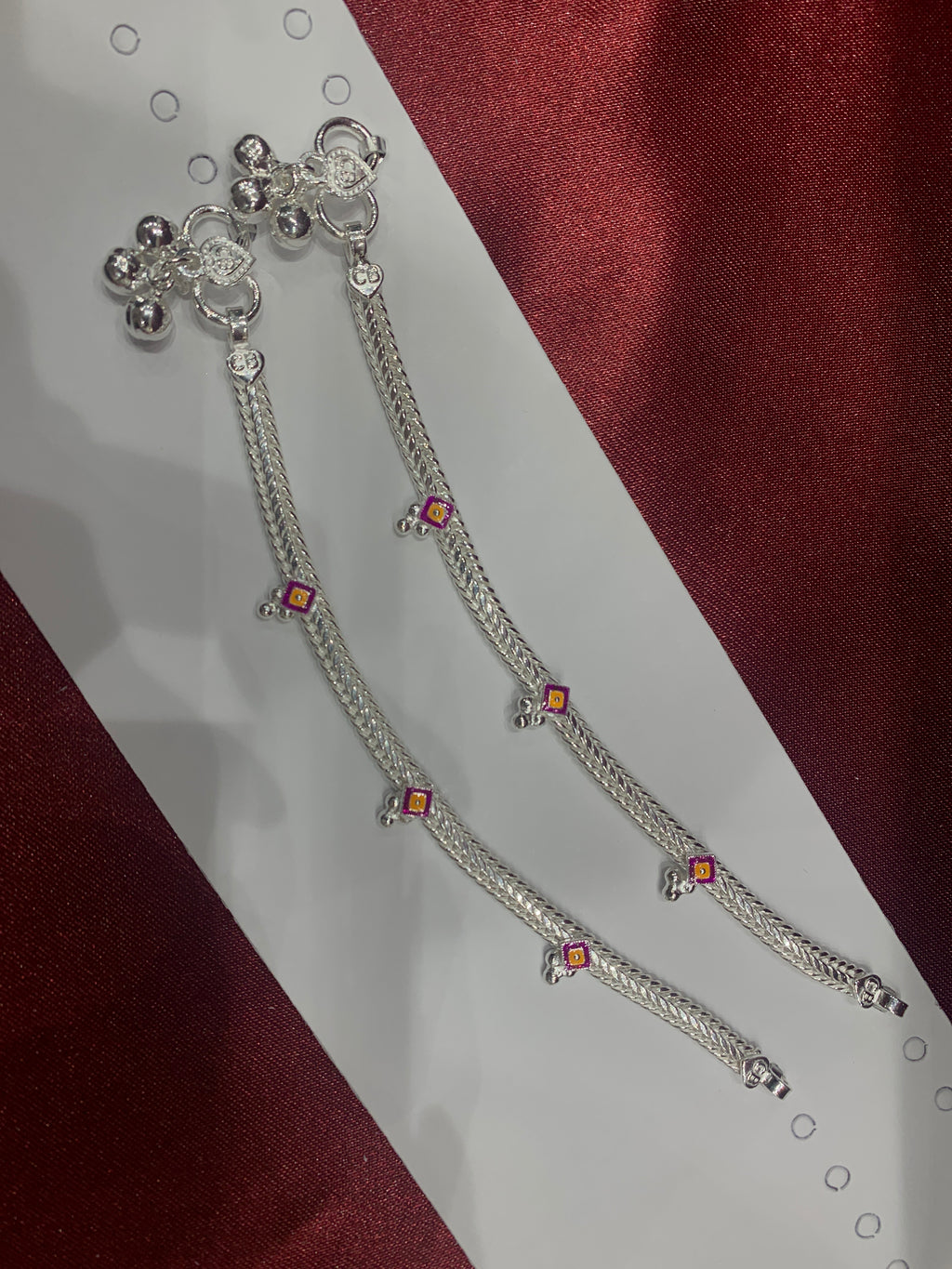 Fancy kids silver anklets in pink and yellow colour enamel (Size: 1-2 year old)