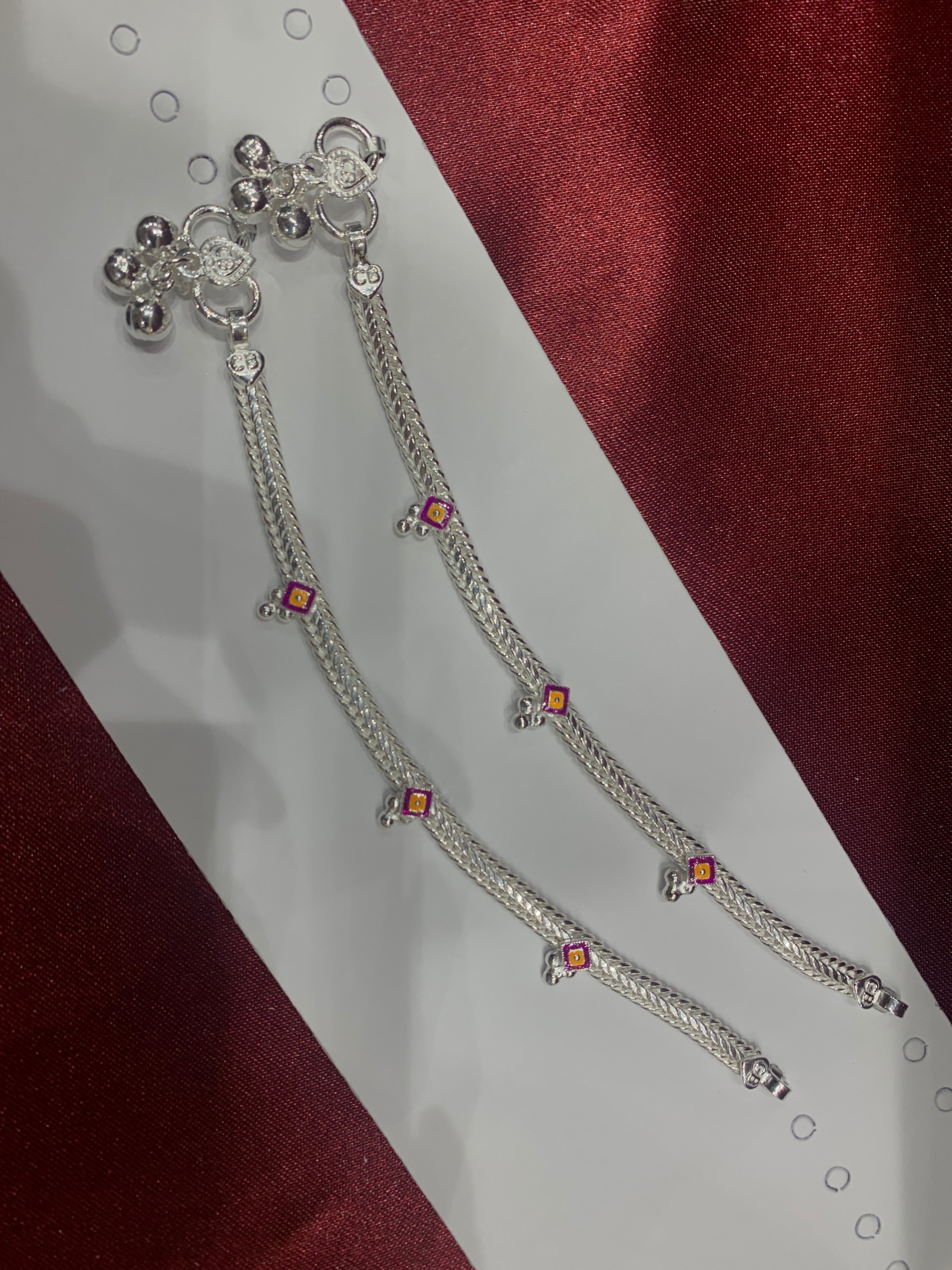 Fancy kids silver anklets in pink and yellow colour enamel (Size: 1-2 year old)