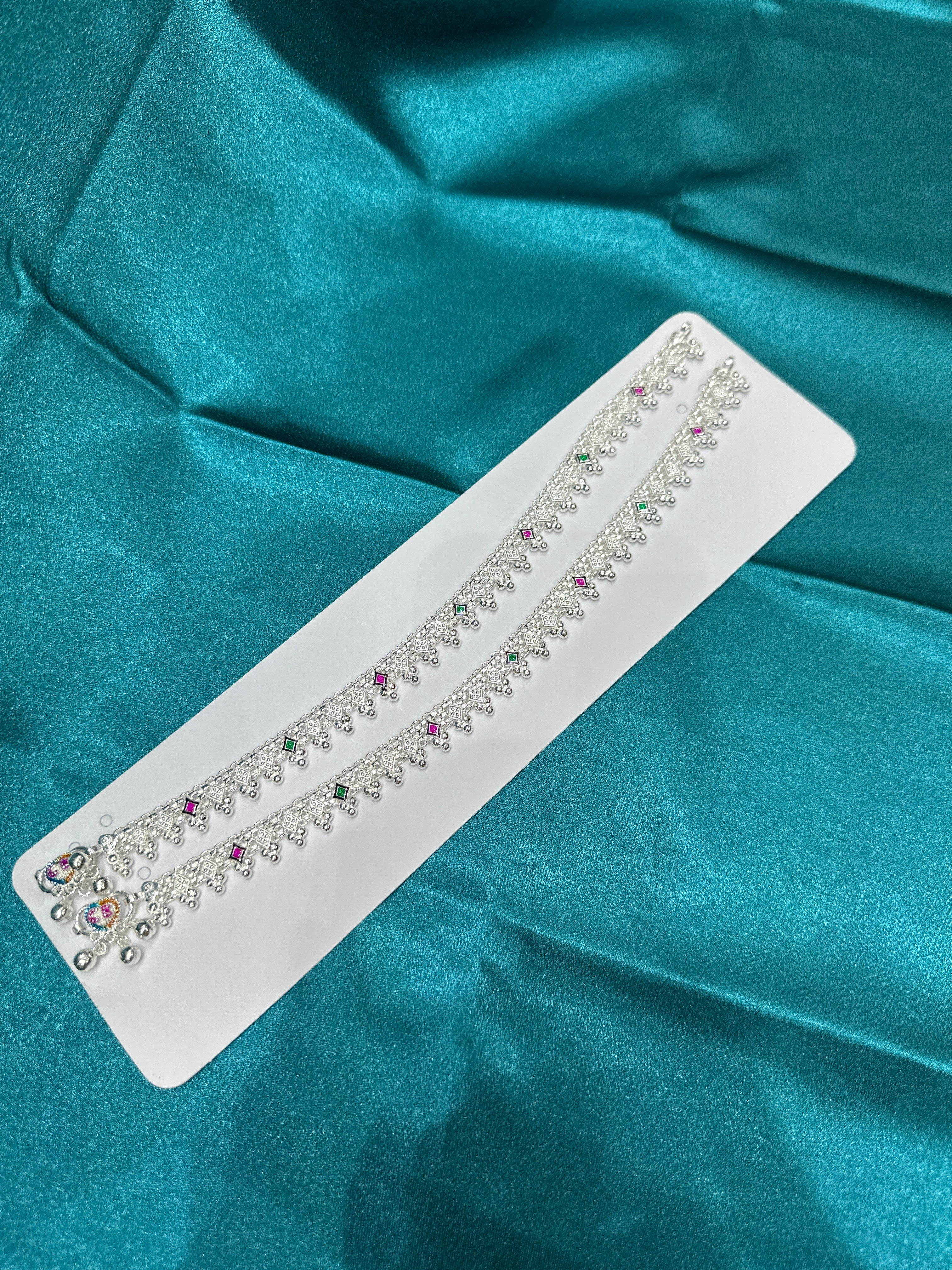 Silver Anklets With Green & Pink Enamel