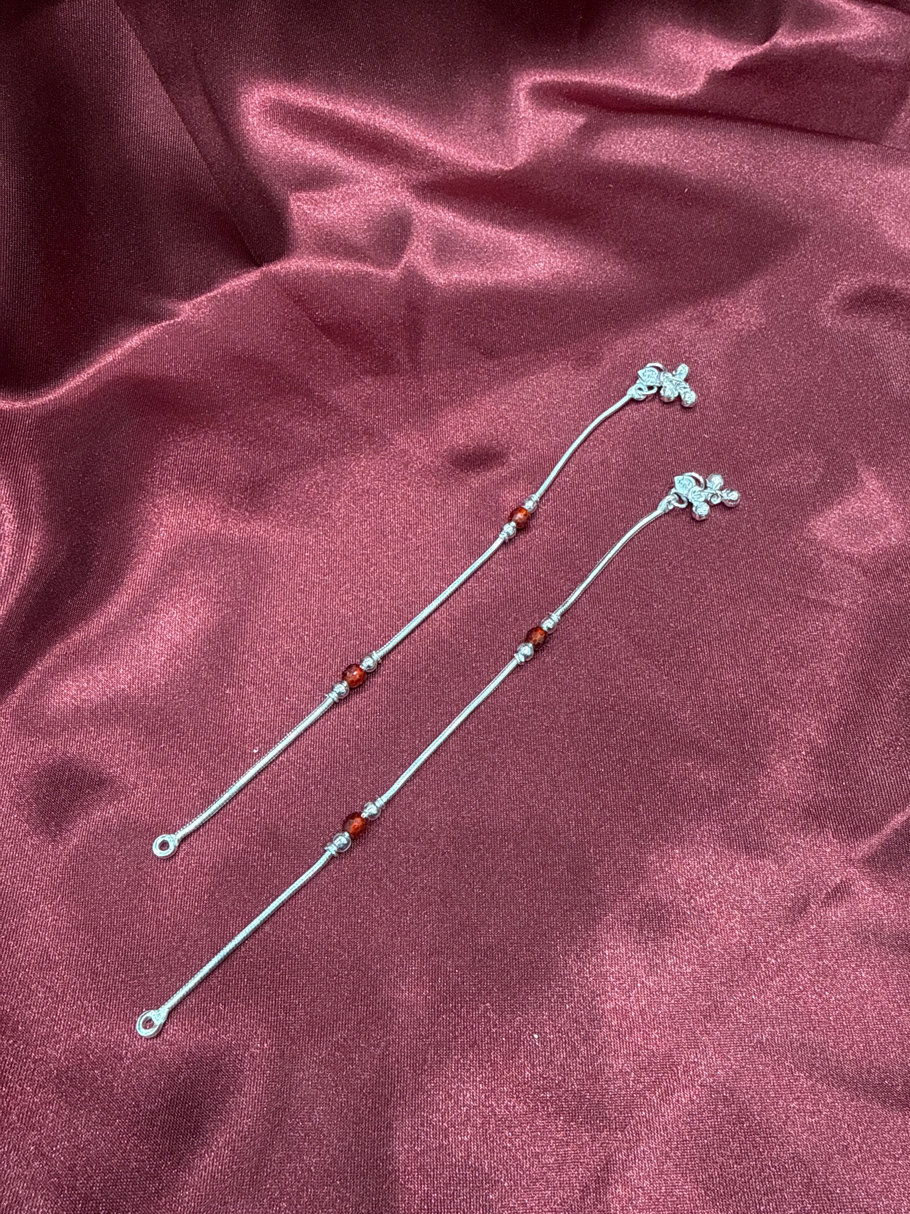 Kids fancy silver anklet with red and plain silver beads (Size: 10-12 year old)