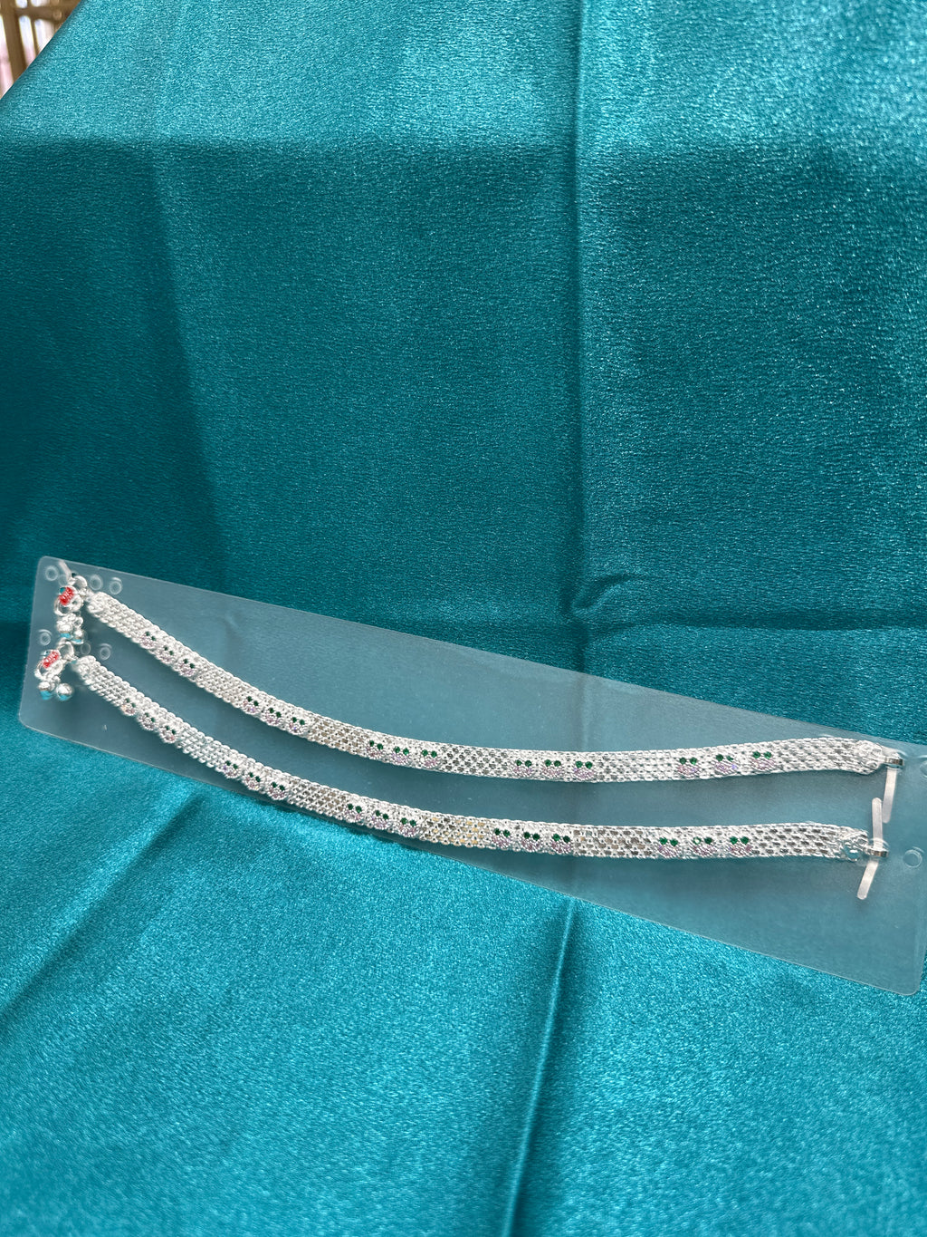 Fancy Silver Anklets With Pink & Green CZ Diamonds