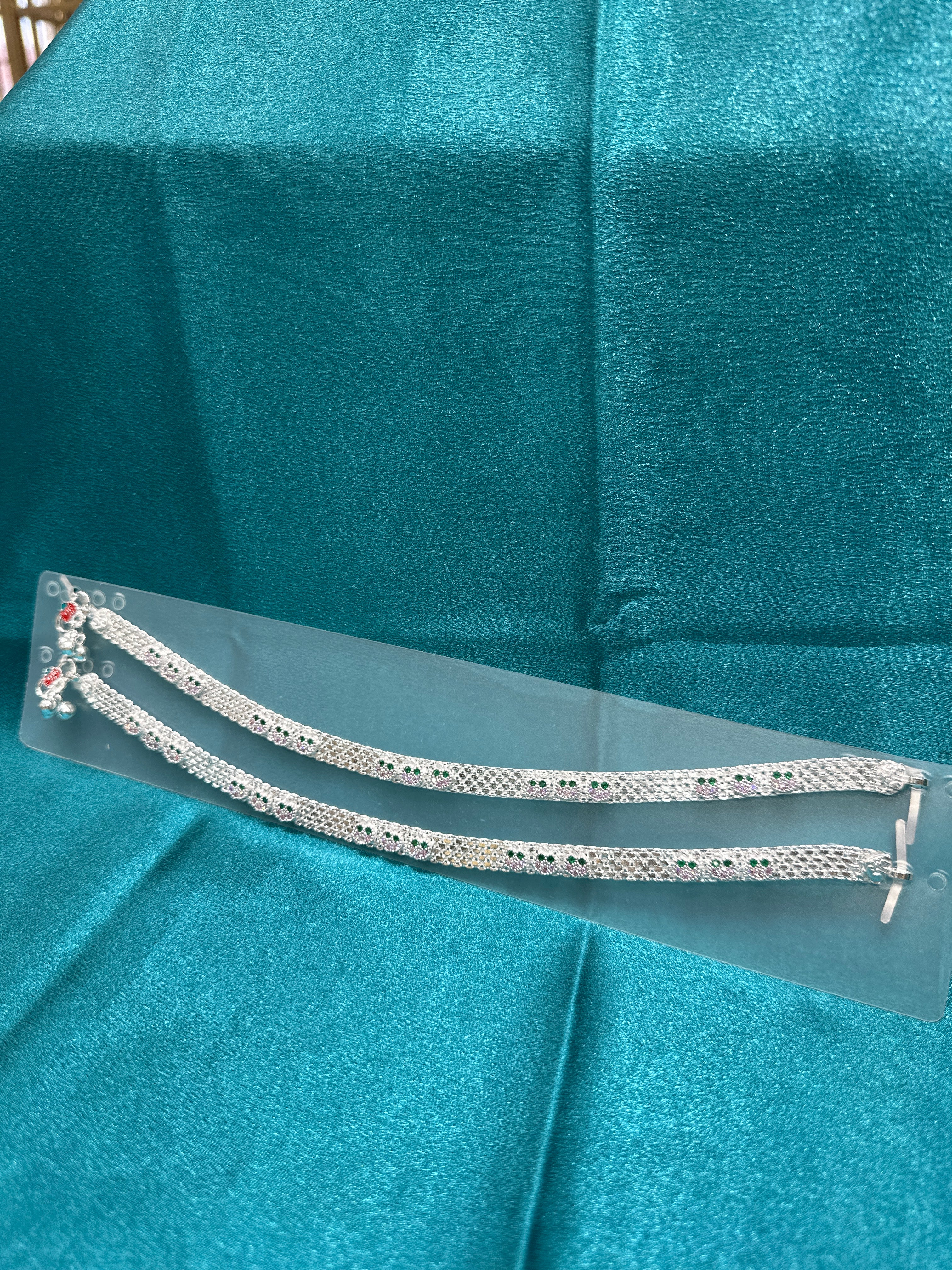 Fancy Silver Anklets With Pink & Green CZ Diamonds