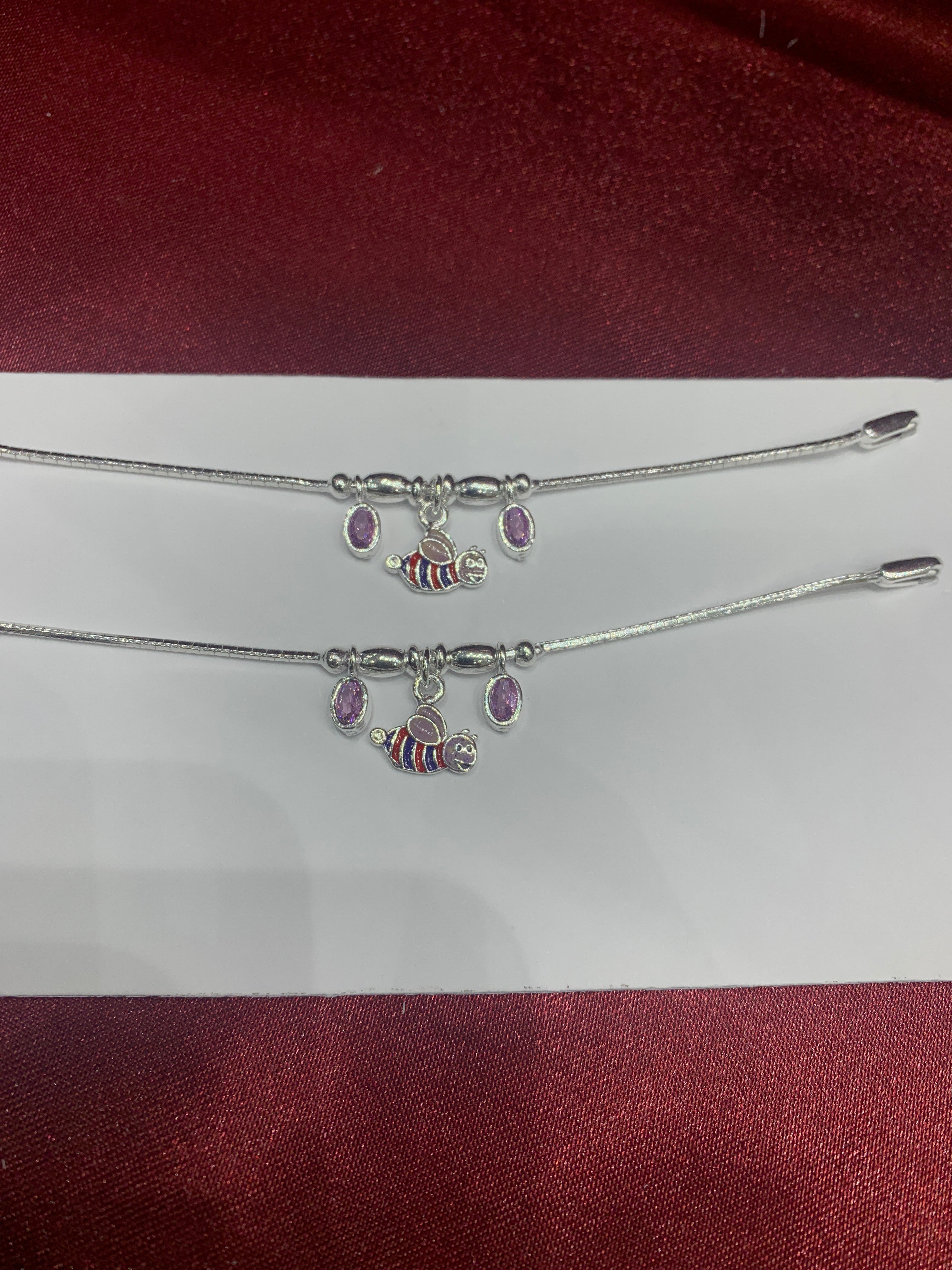 Fancy baby silver anklets with honey bee hanging beads (Size: 1-2 year old)