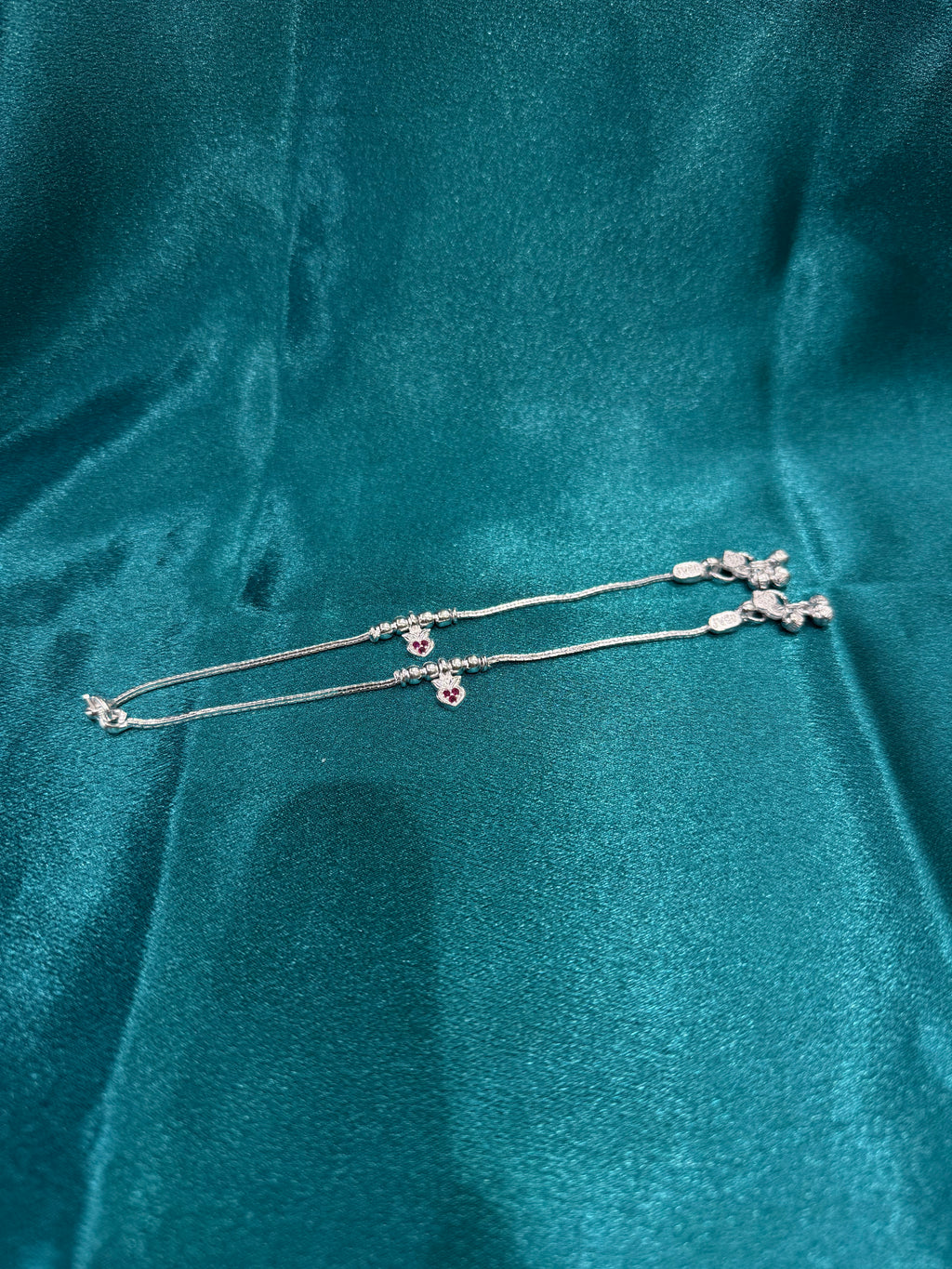 Fancy kids silver anklets with pink stones studded charm in the middle (Size 4-5 year old)