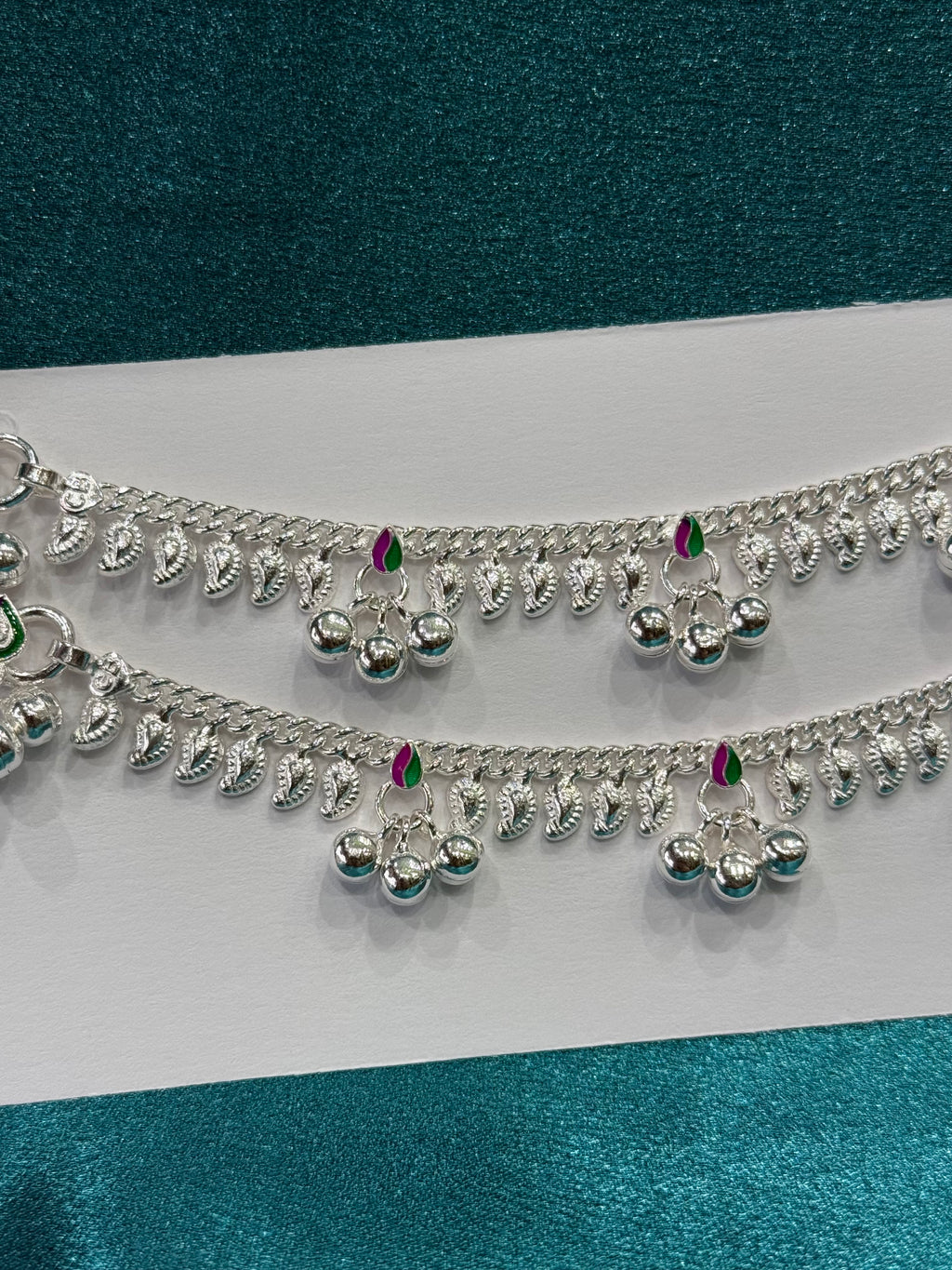 Traditional style kids silver anklets with purple & green enamel and bells (2-3 year old)