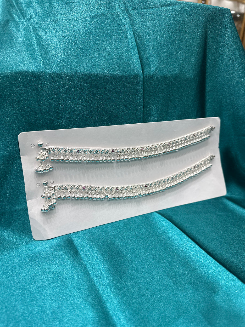 Full ghungroo Silver Anklet With Pink Stones
