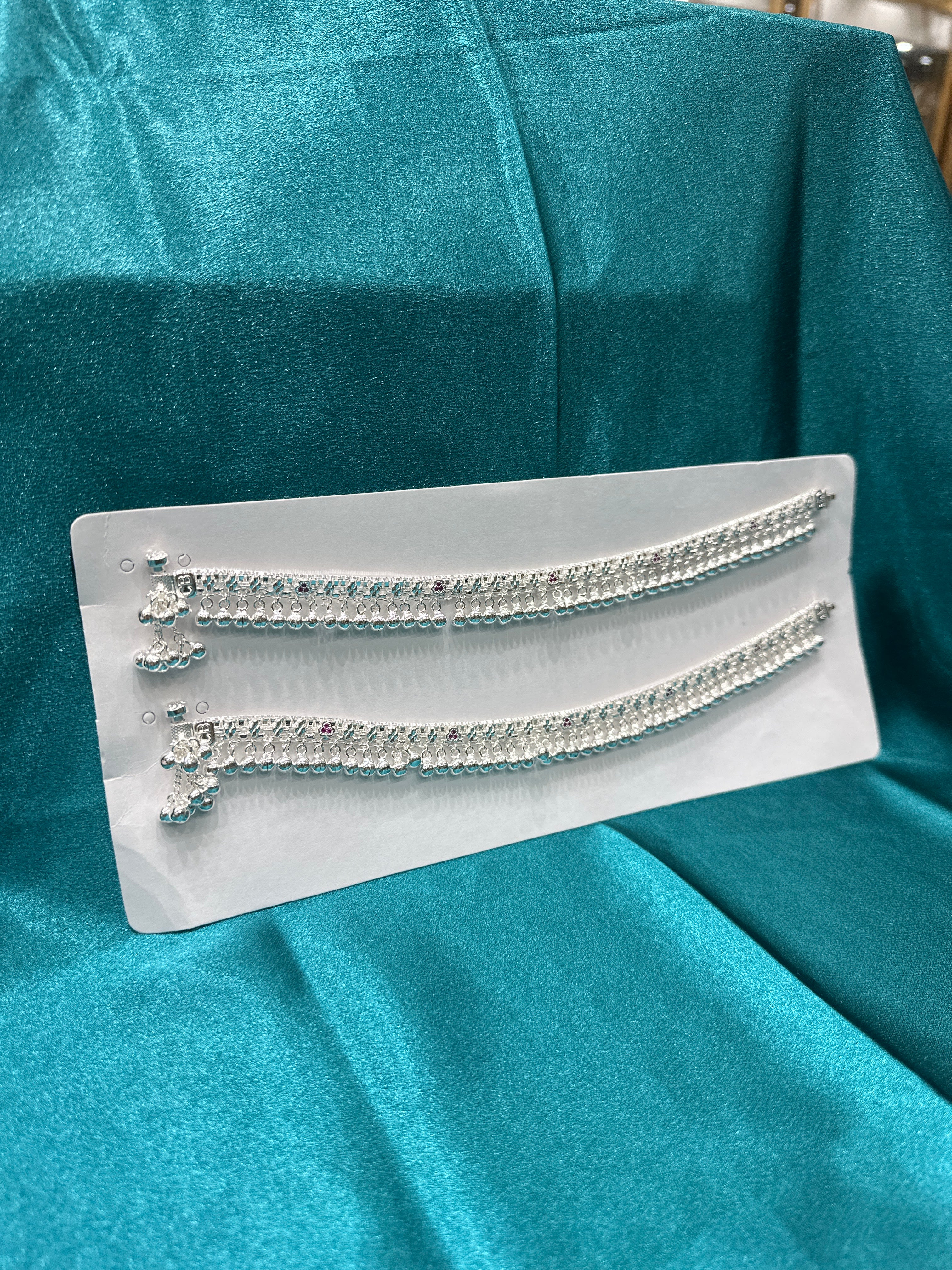 Full ghungroo Silver Anklet With Pink Stones
