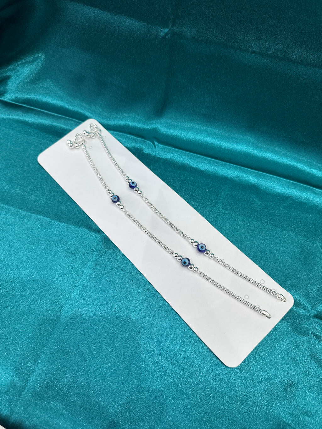 Fancy Silver Anklets With Beads & Evileye
