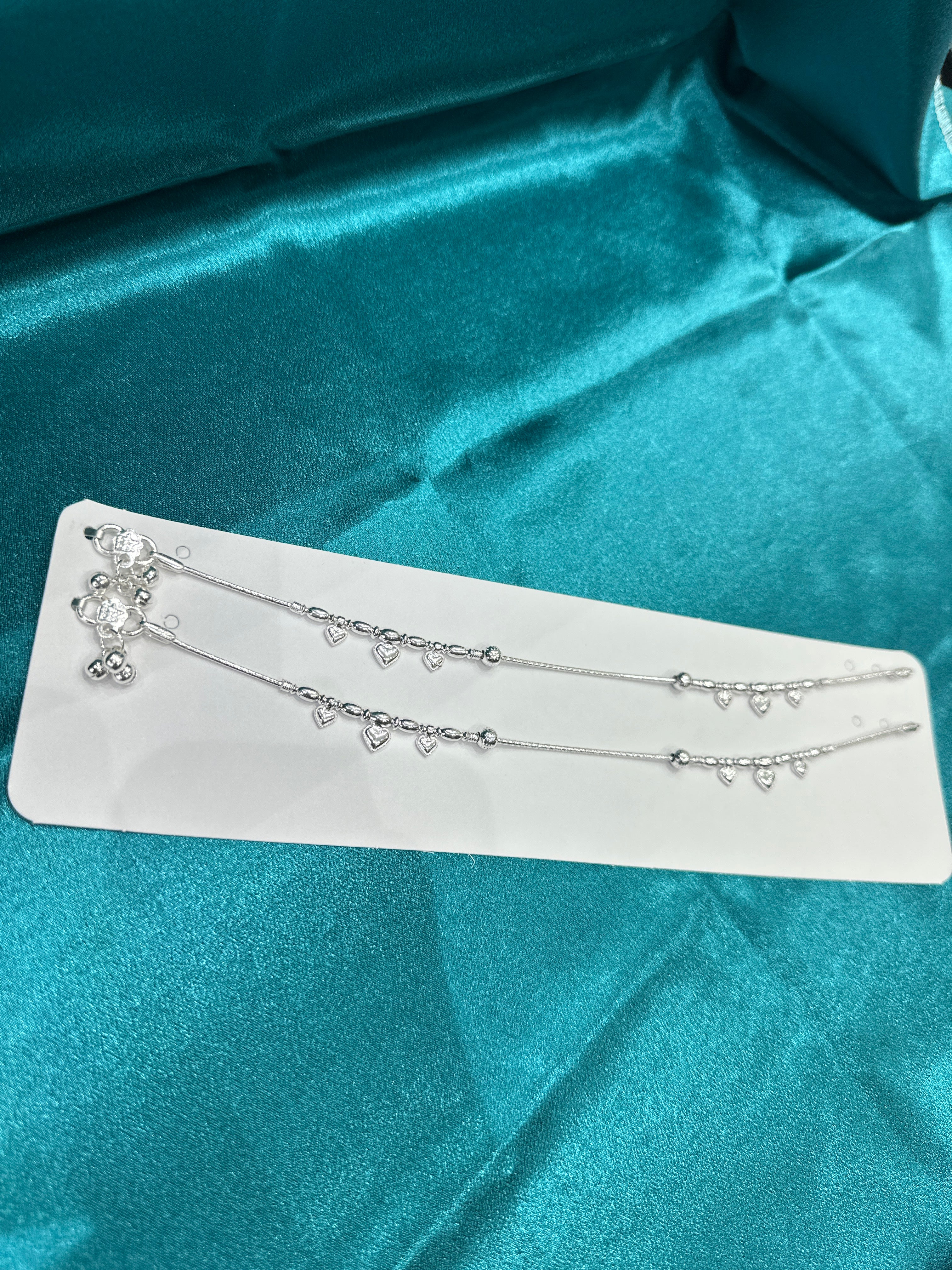 Fancy Silver Anklets With Hanging Hearts