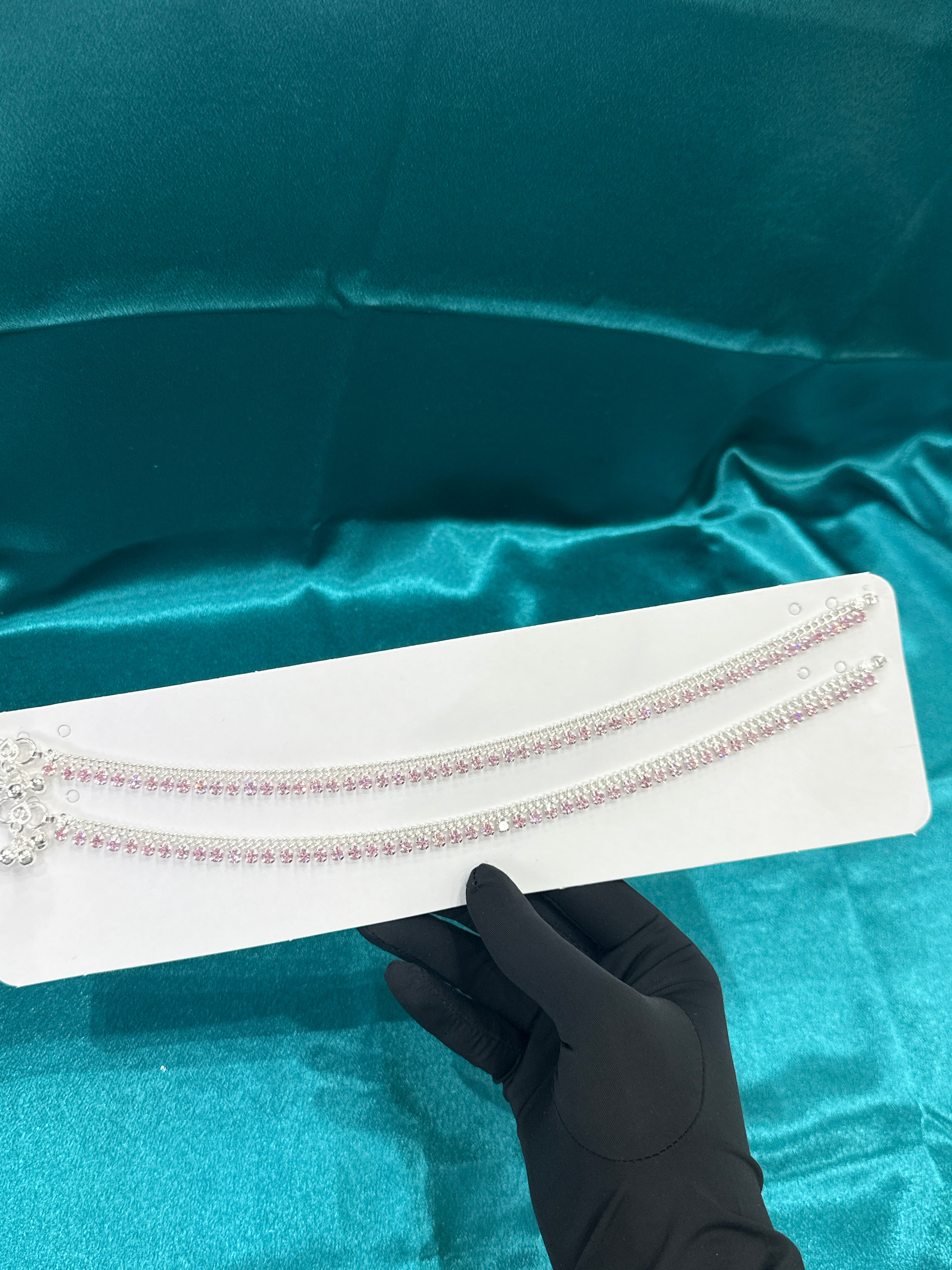 Fancy Silver Anklets With Full Row Of Pink CZ Diamonds