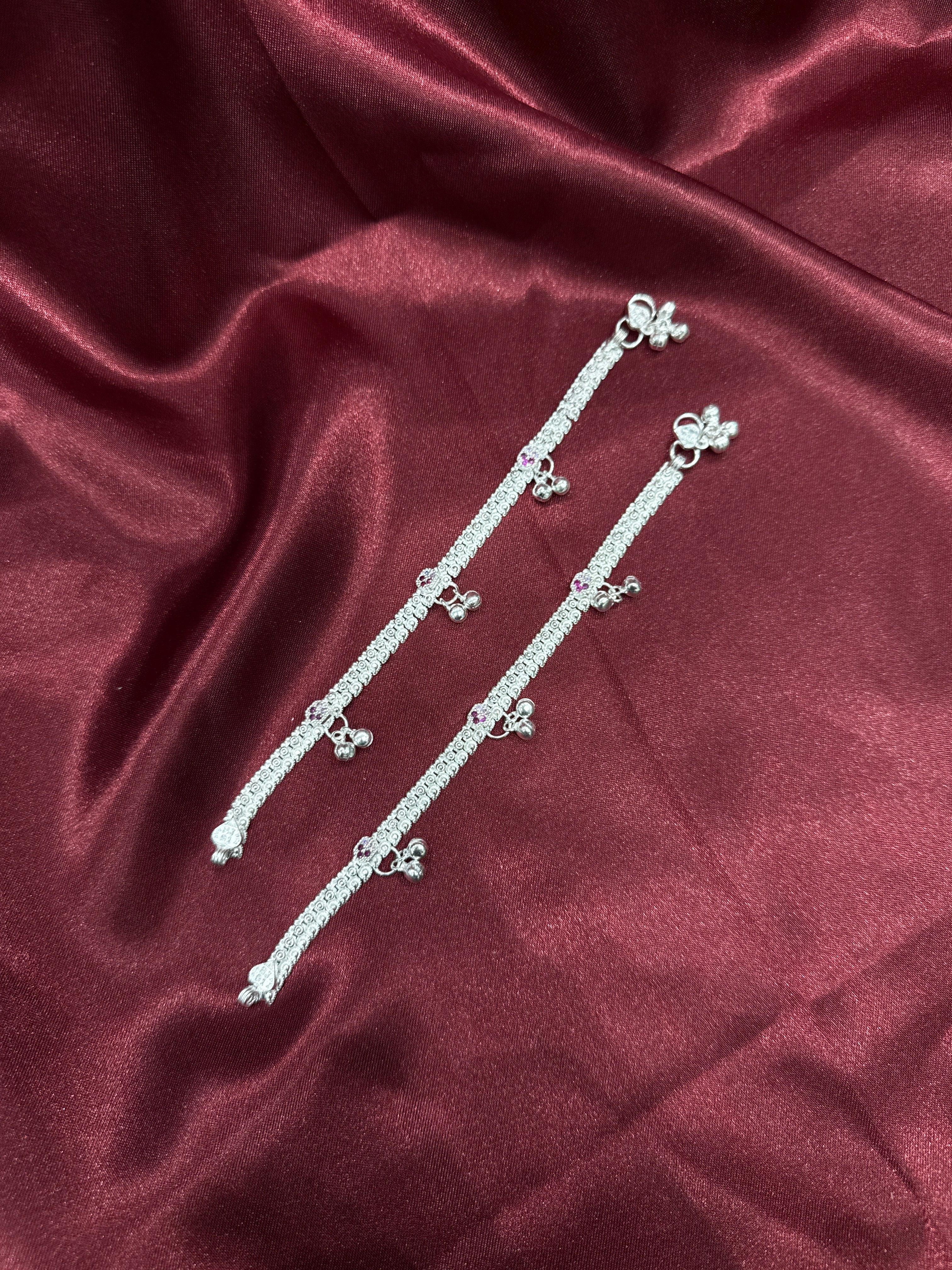 Kids fancy silver anklet w/ pink and purple stones (Size: 10-12 year old)