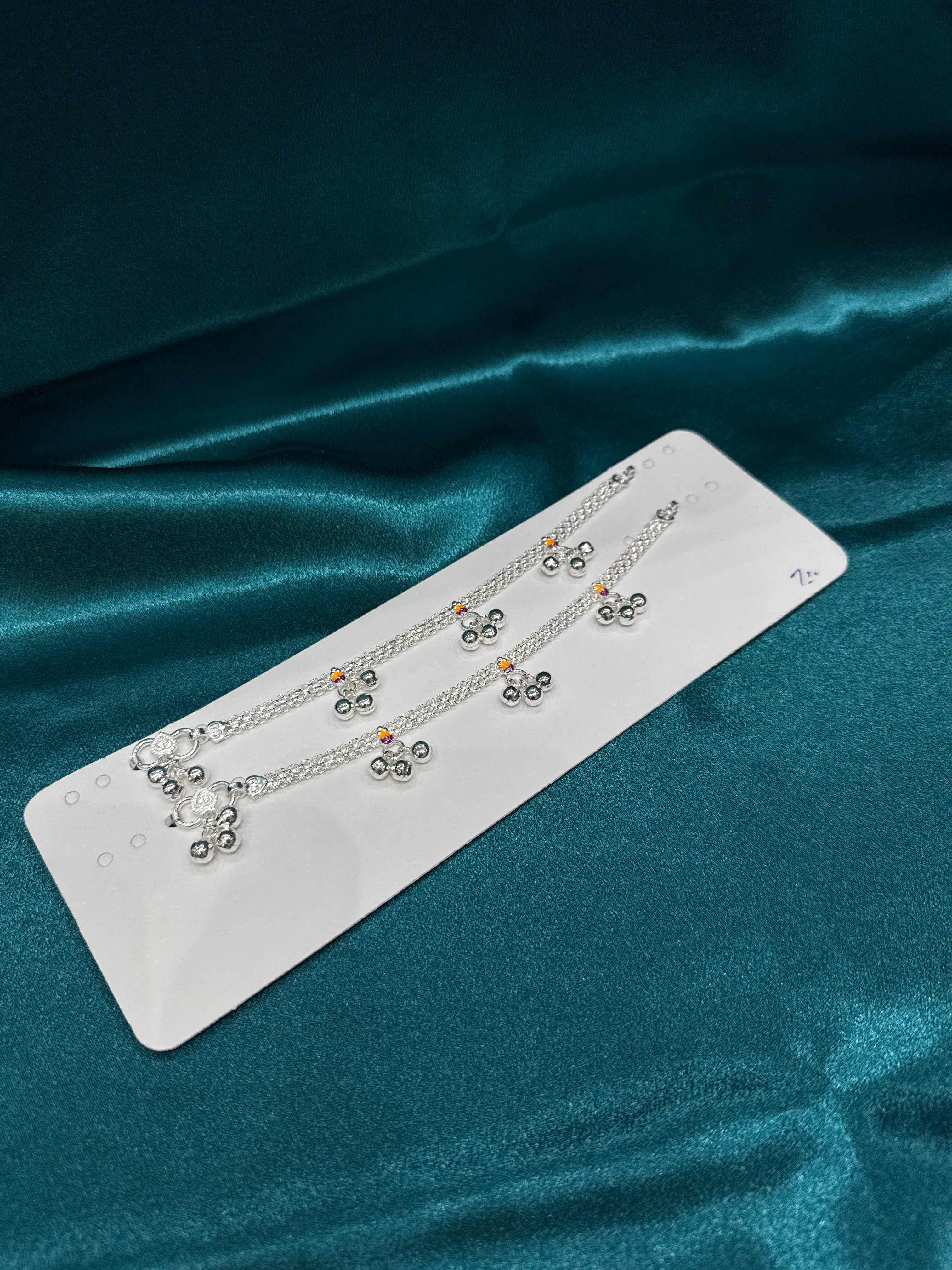 Kids silver anklets with orange and pink colour Meena and hanging bells (6-9 year old)