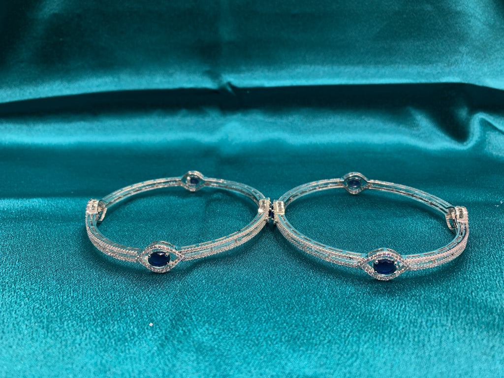 Elegant CZ diamond silver bangles with blue oval CZ diamonds