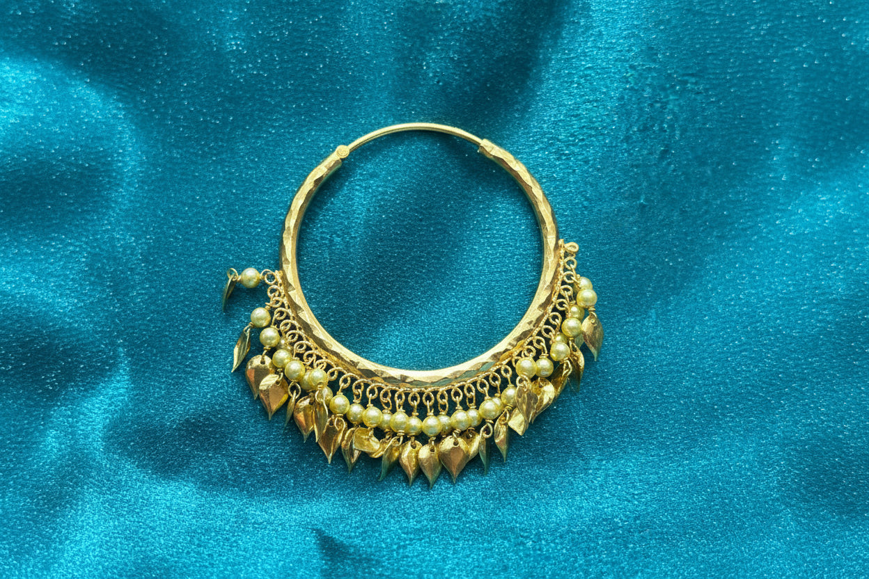 22K Gold Hoops With Pearls and Hanging Beads