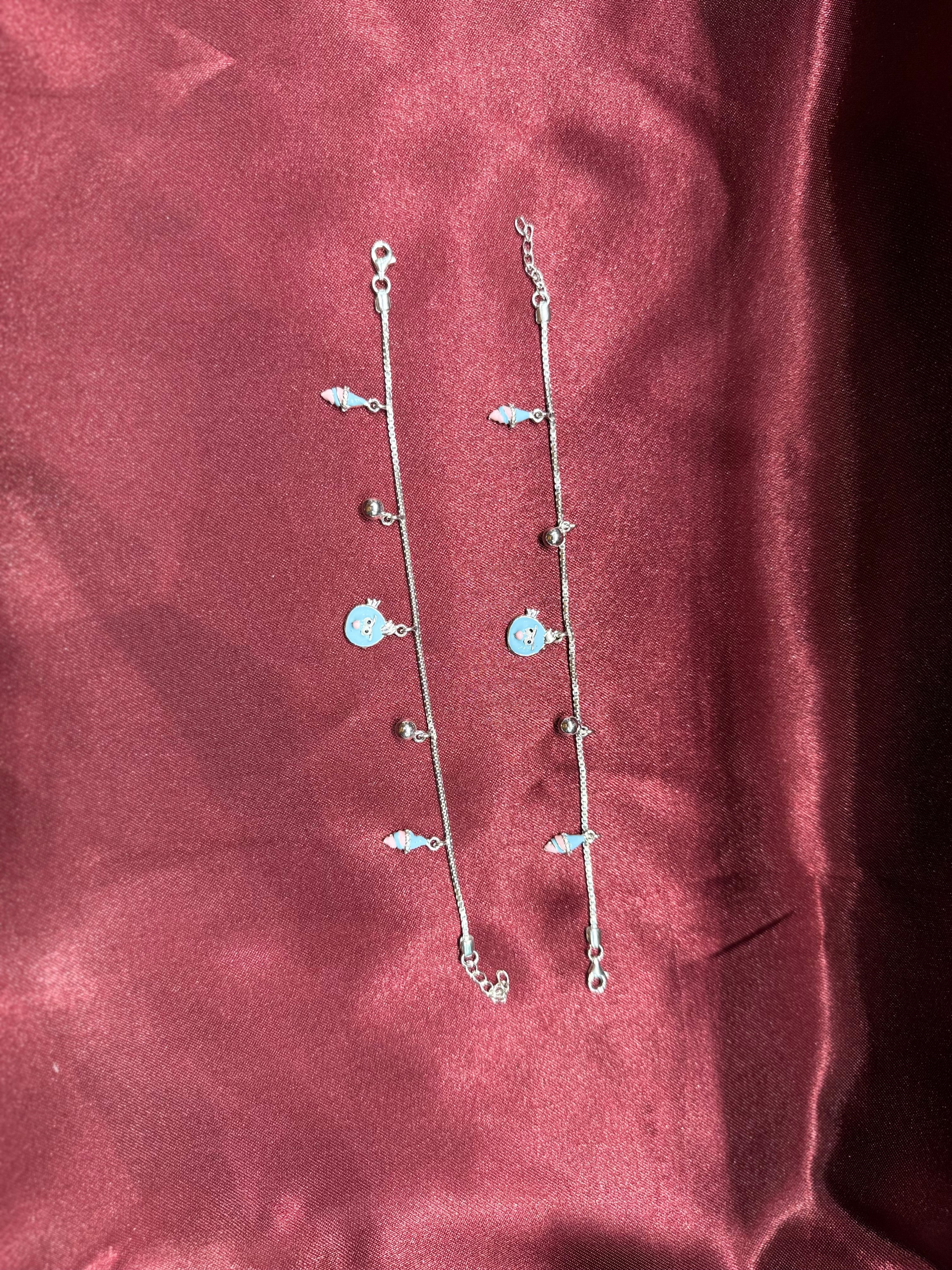 Fancy kids silver anklets with colourful hanging charms (Size 2-3 year old)