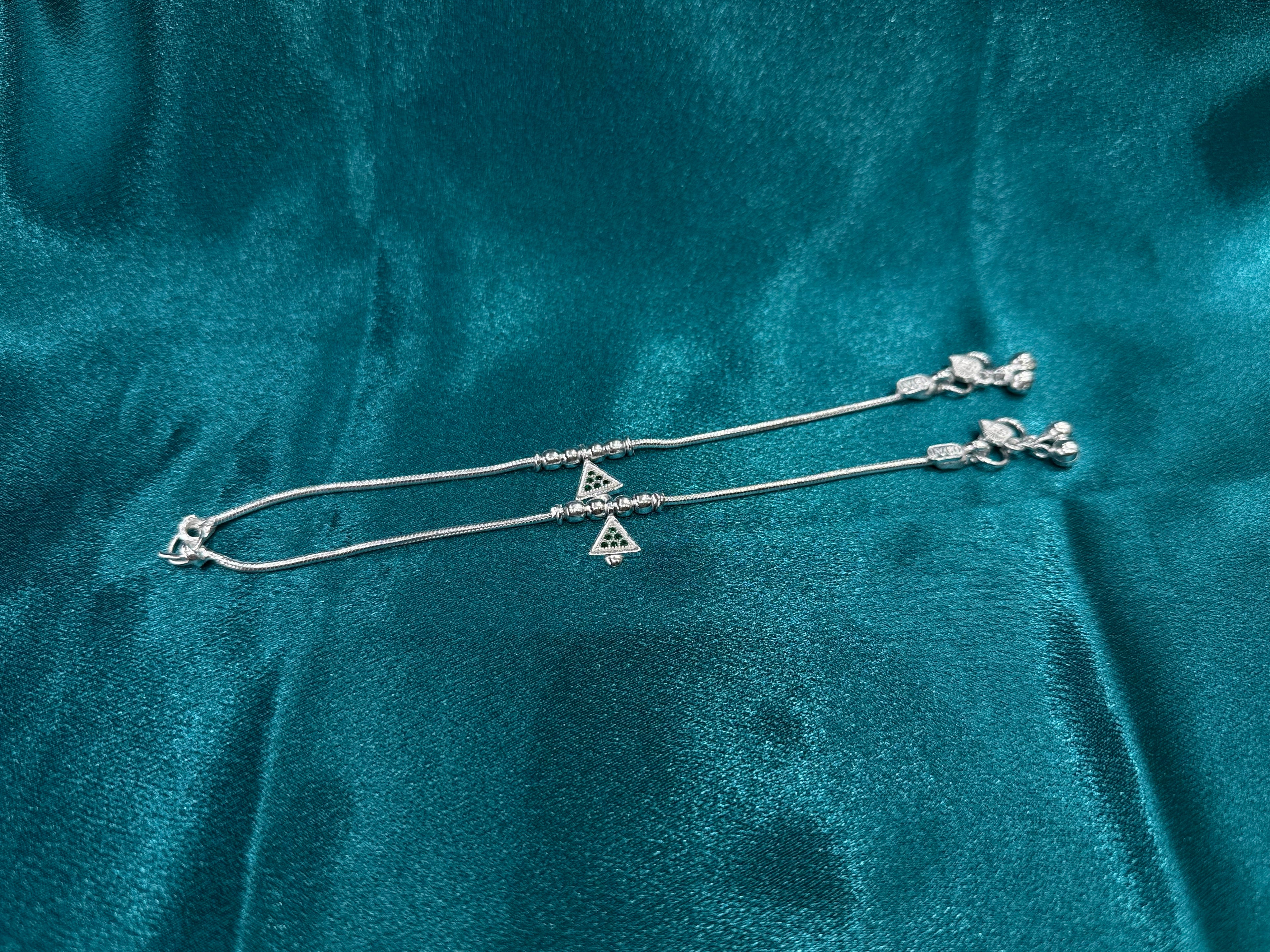Fancy kids silver anklets with silver beads & green stone studded charm (Size: 4-5 year old)