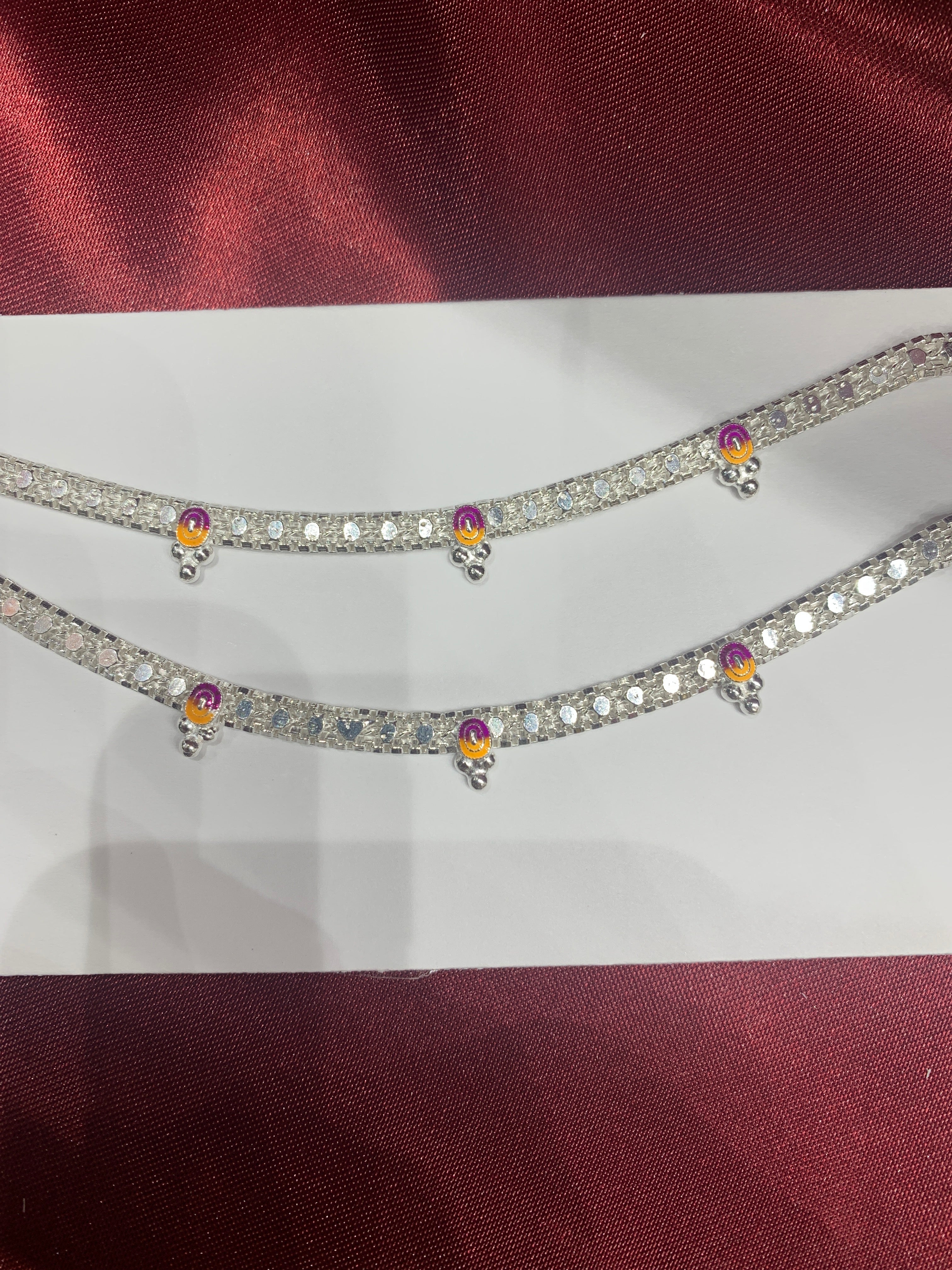 Fancy kids silver anklets in purple and yellow colour enamel (Size: 1-2 year old)