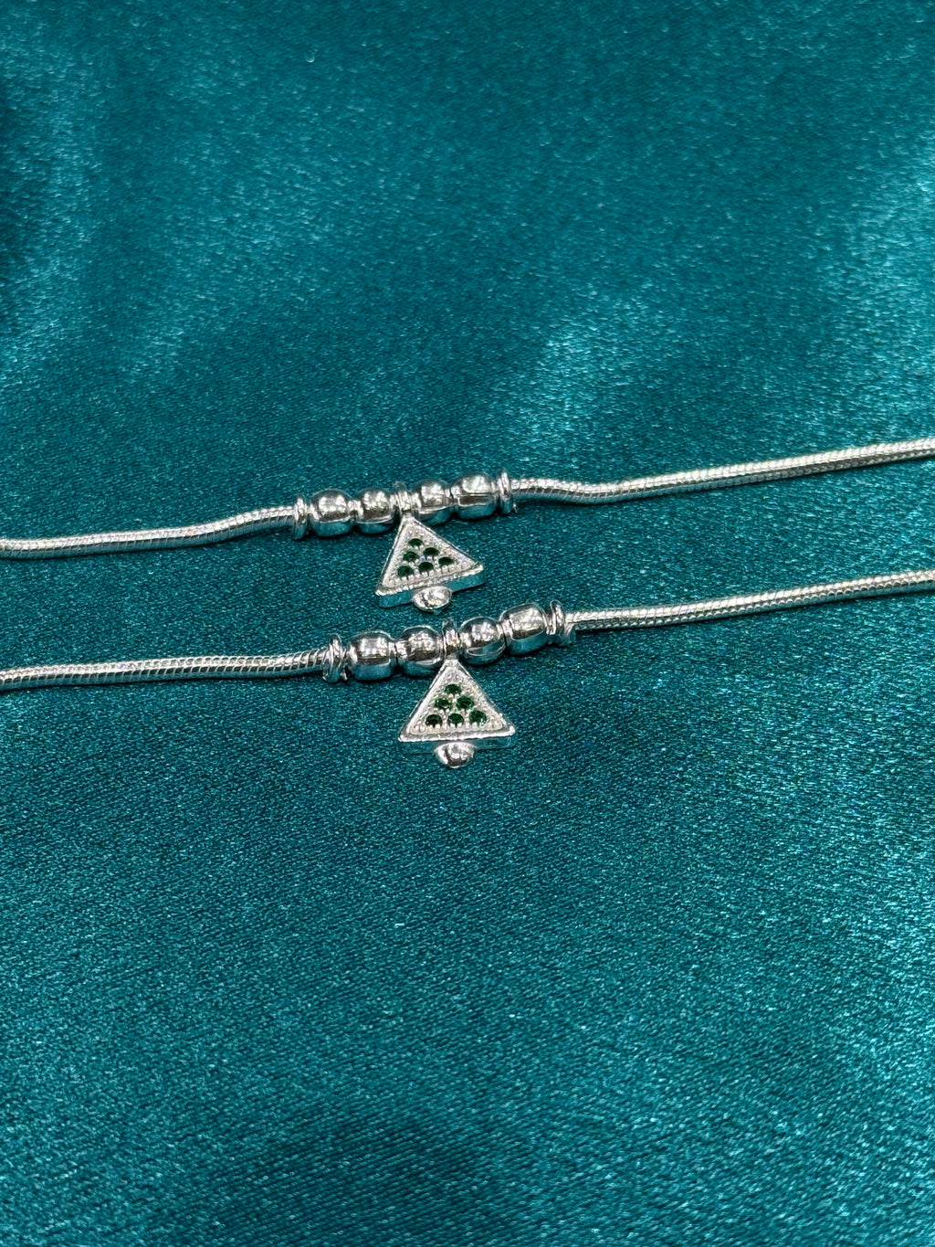 Fancy kids silver anklets with silver beads & green stone studded charm (Size: 4-5 year old)