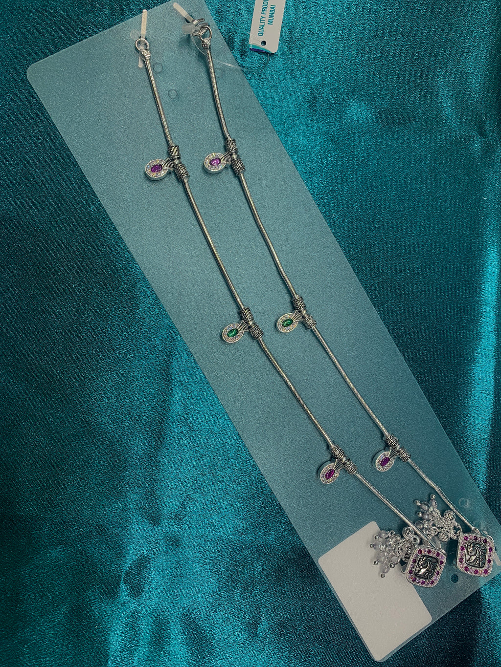 Fancy silver anklets with pink and green stones and CZ diamonds
