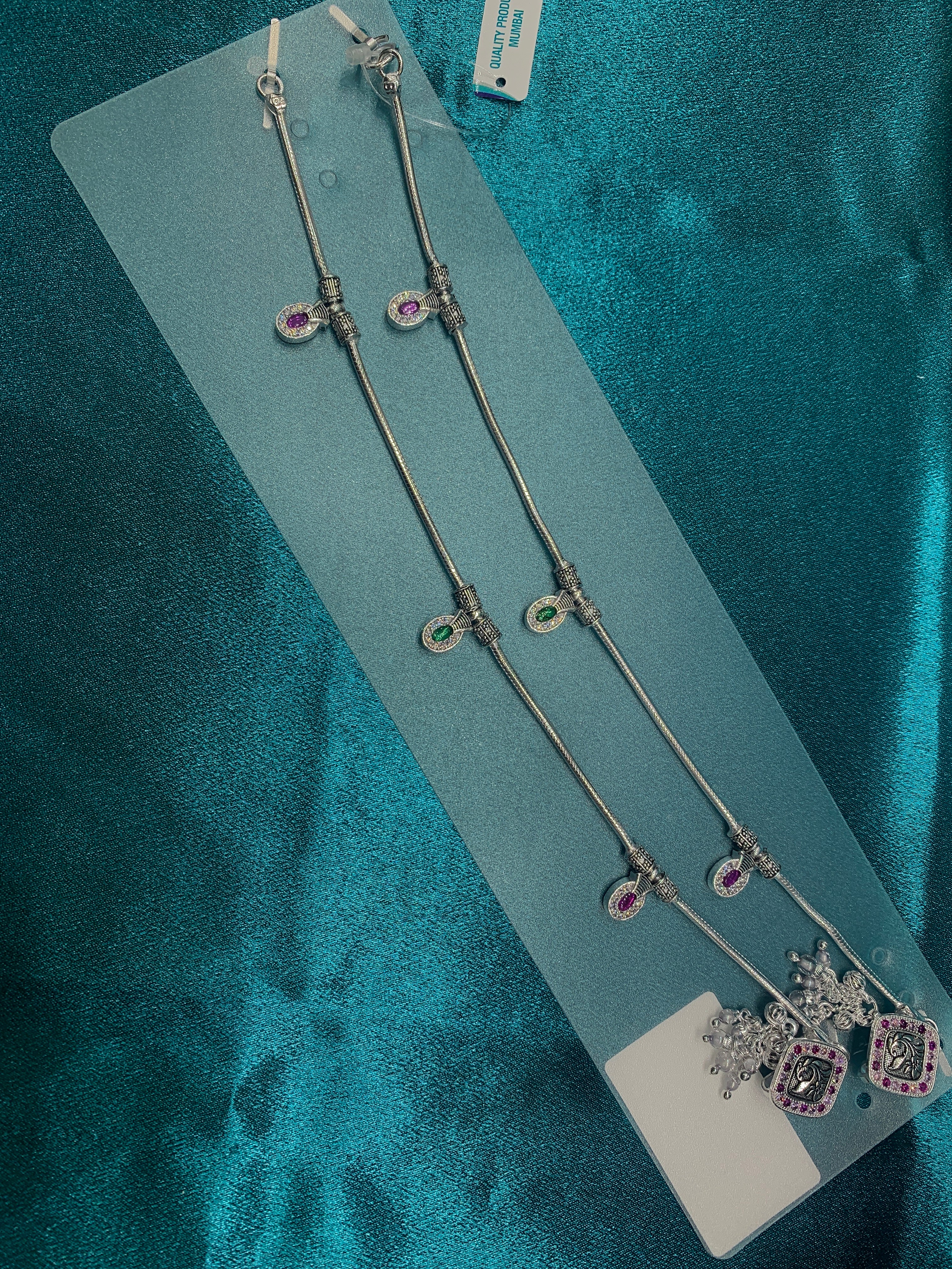 Fancy silver anklets with pink and green stones and CZ diamonds