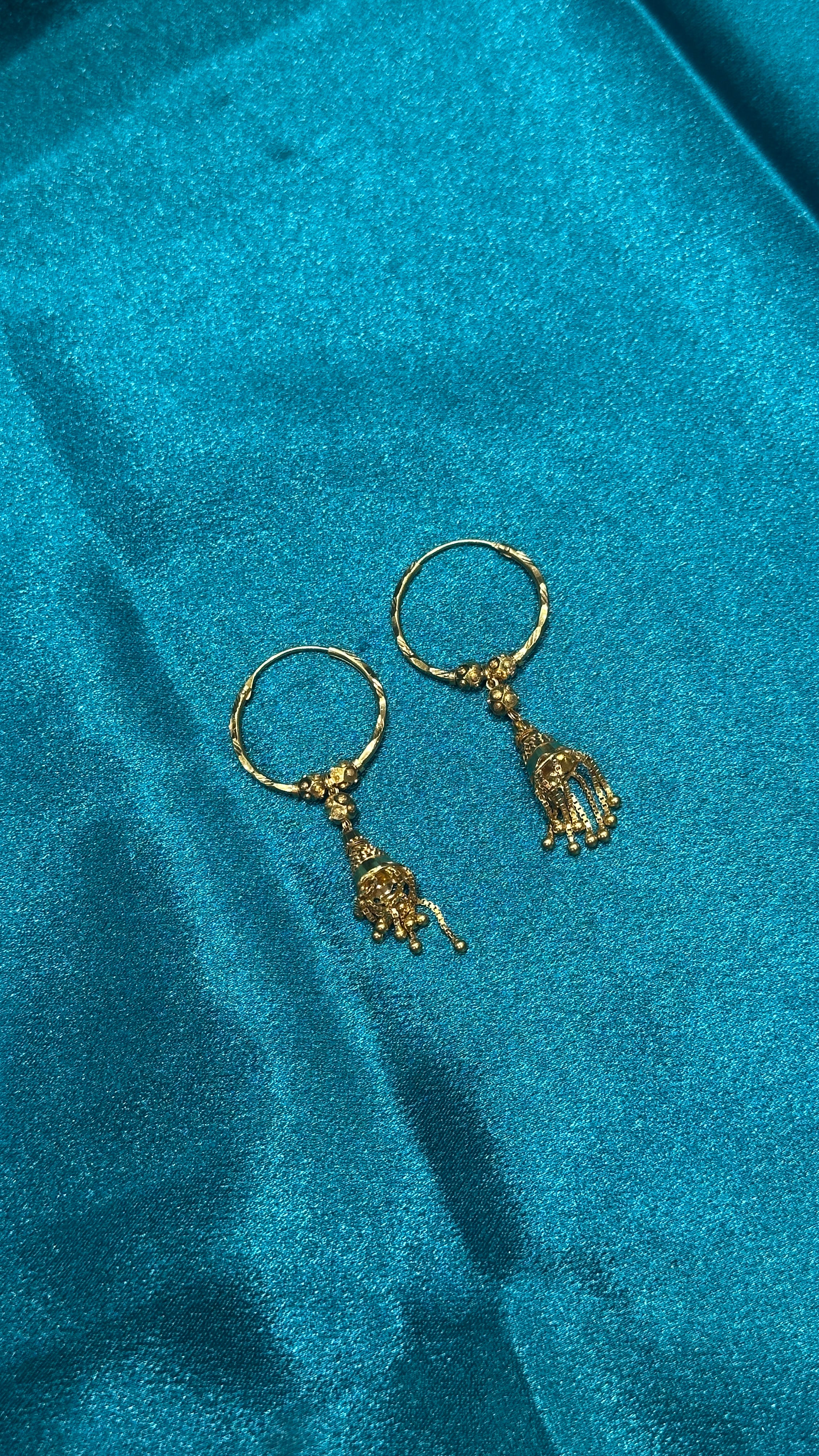 22K Gold Hoops With Designer Beads & Hanging Chain