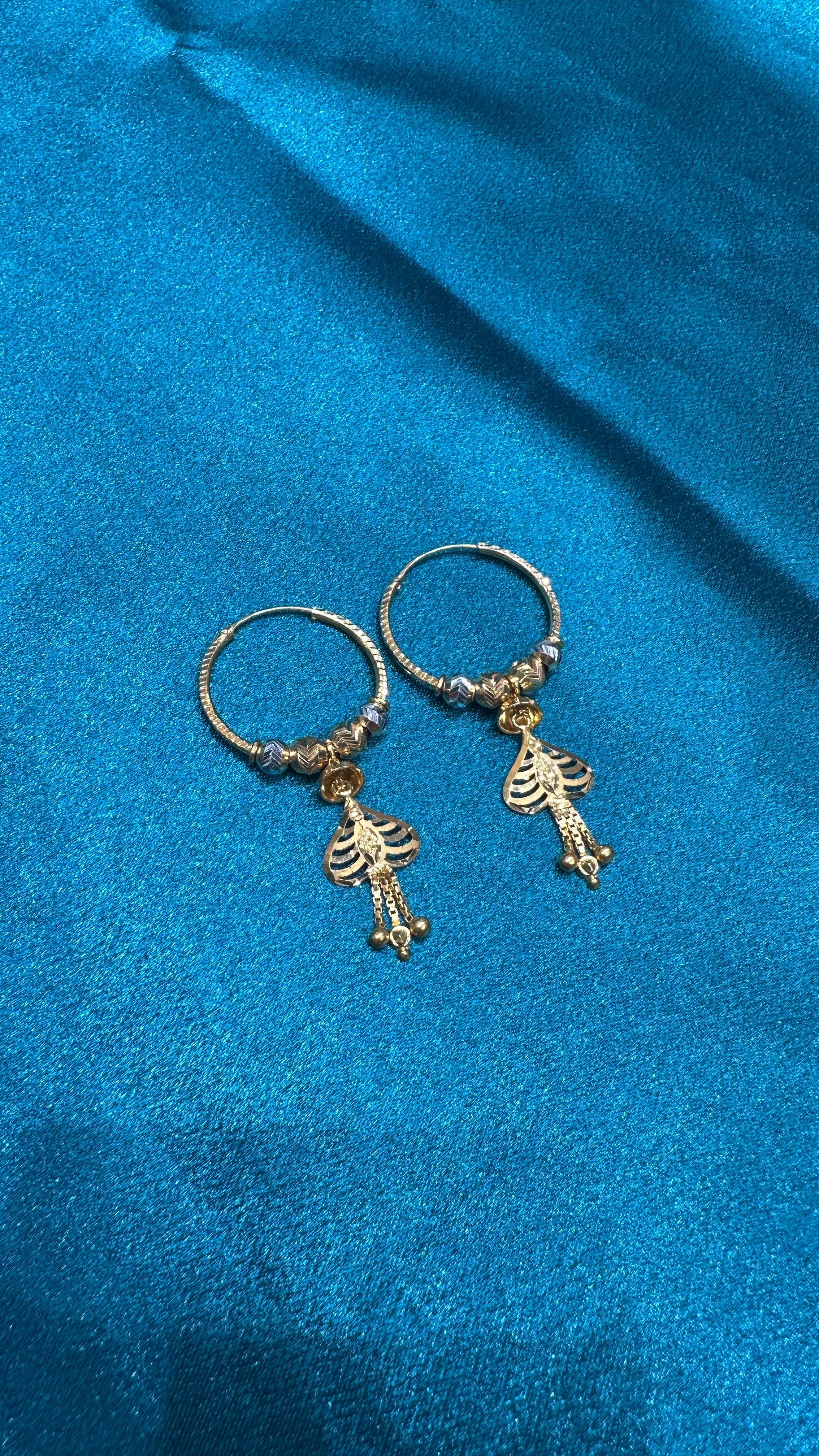 22K Gold Hoops With White Beads & Hanging Heart