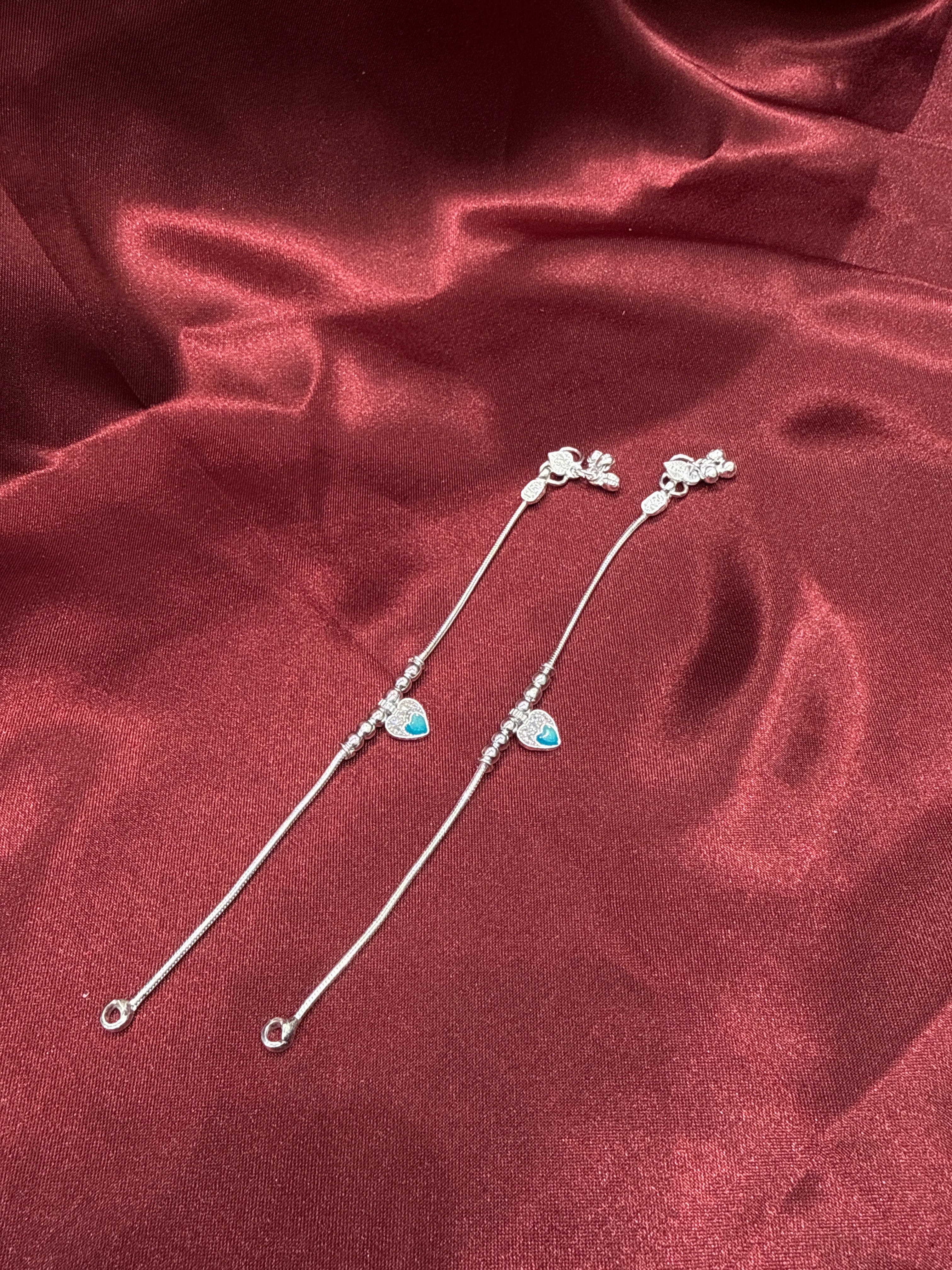 Kids fancy silver anklet with silver beads and hanging heart charm (Size 4-5 year old)