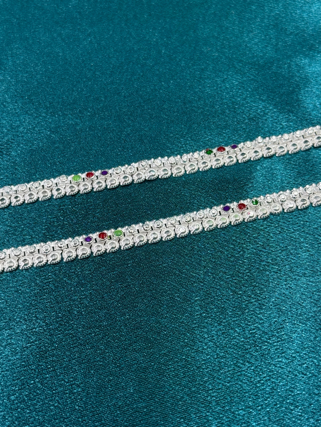 Traditional style kids silver anklets with red,green & purple enamel (Size: 4-5 year old)