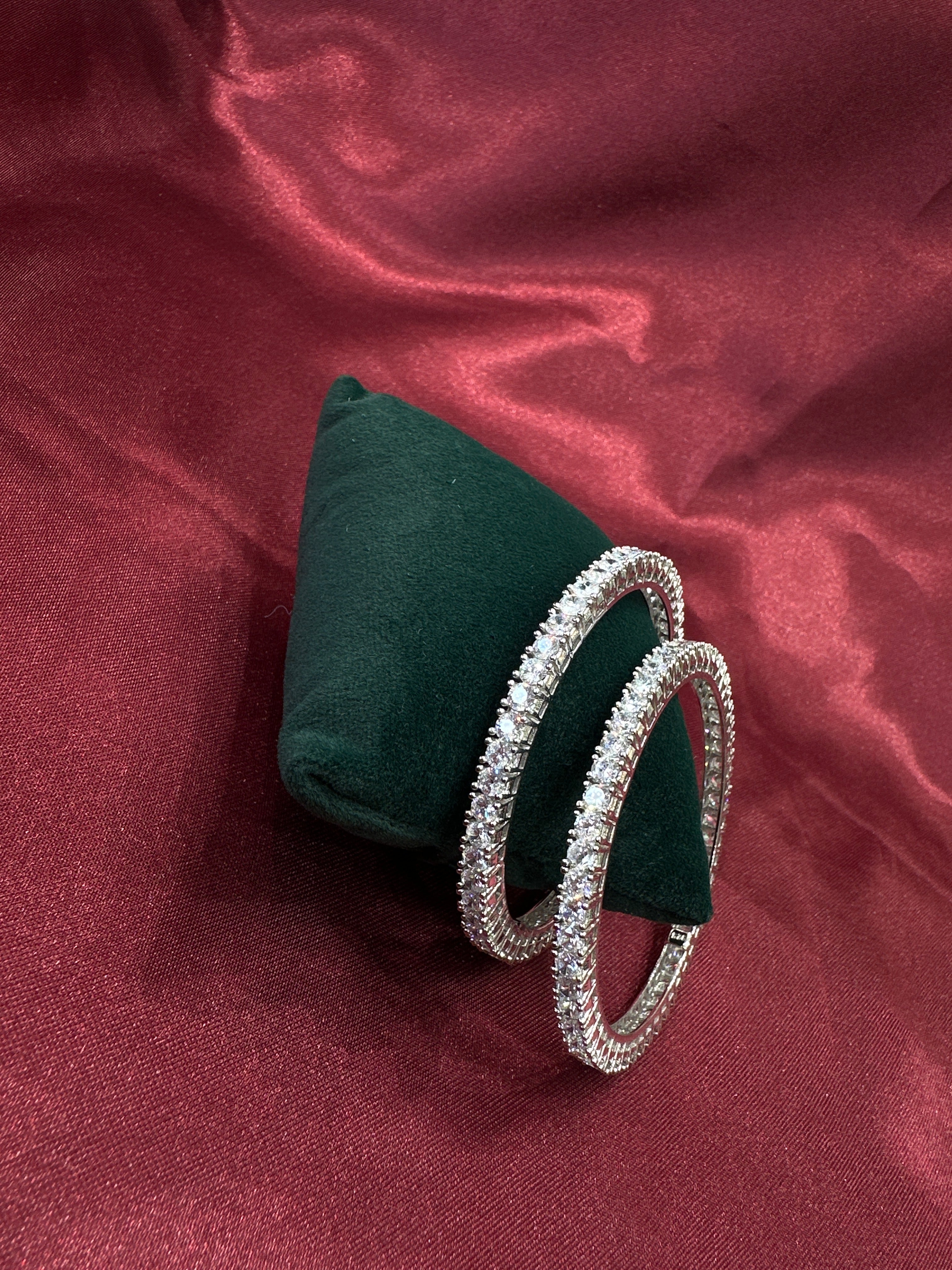 Elegant CZ diamond silver bangles with white stone in sequence design (