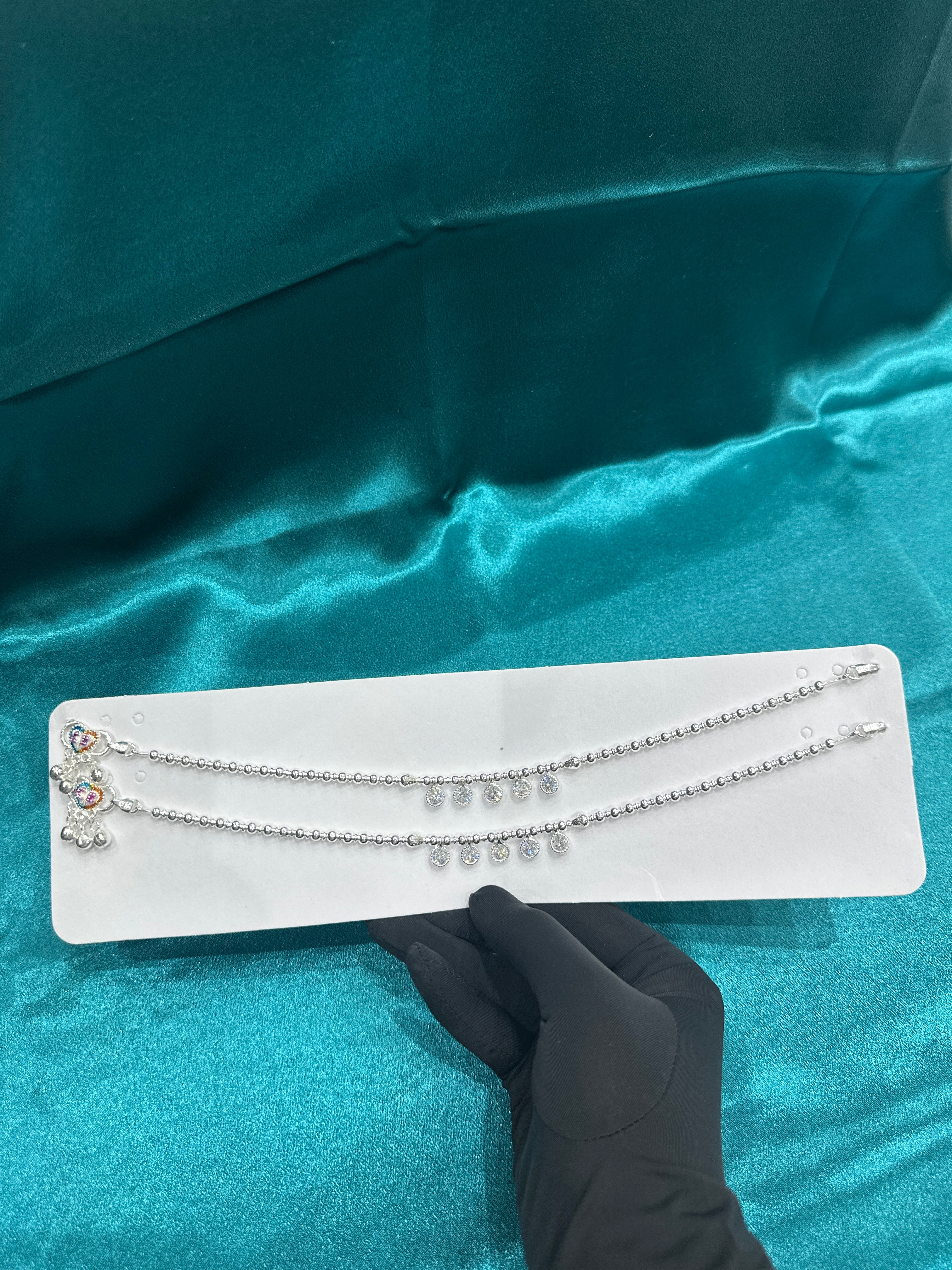 Fancy Silver Anklets With Hanging Round CZ Diamonds