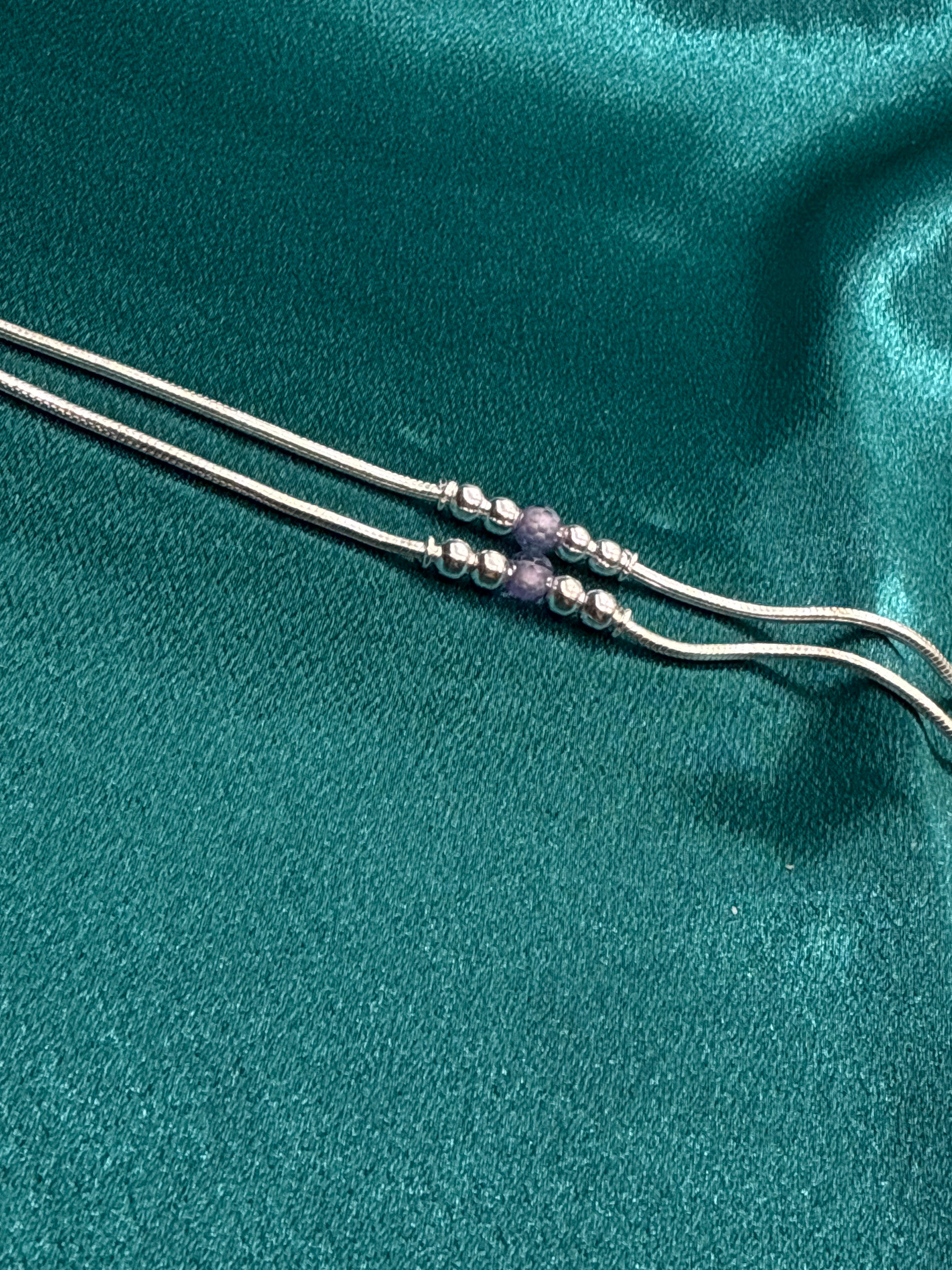 Kids fancy silver anklet with lavender coloured beads (Size: 4-5 year old)